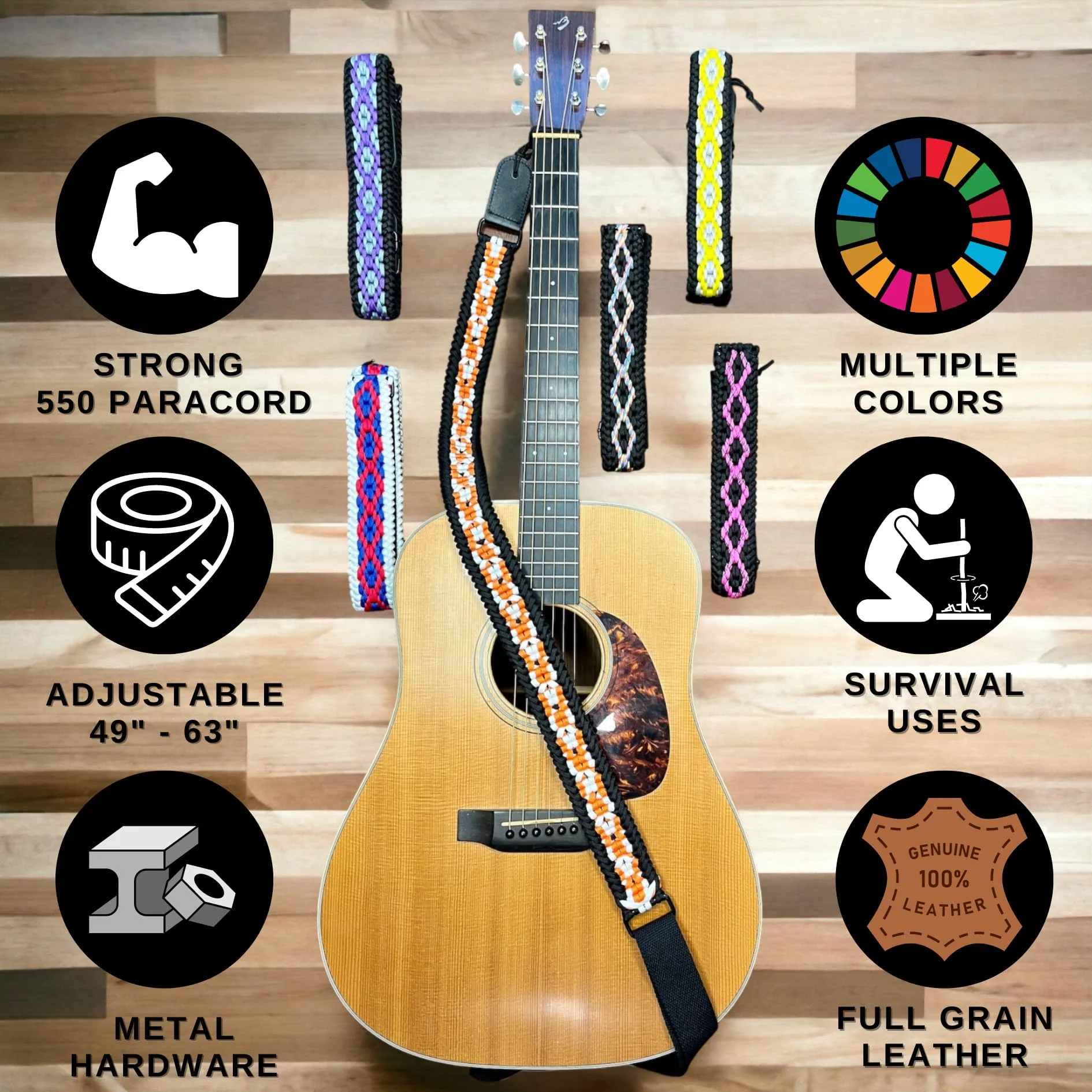 Ten Point Gear® 550 Paracord Guitar Strap - Full Grain Leather Ends for Music Playing Comfort, Stability, and Durability. Purple Rain - Image 2