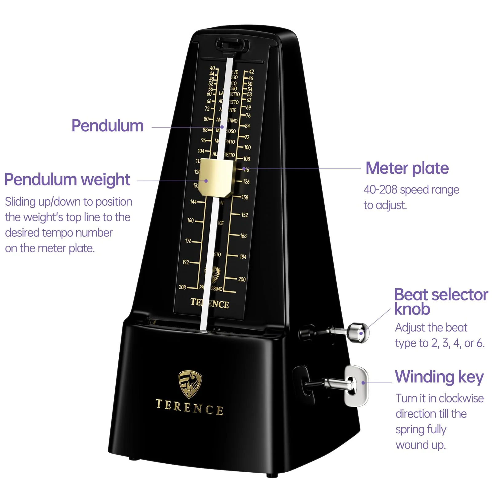 TERENCE Mechanical Metronome for Piano Guitar Violin Bass Drum and Other Musical Instruments Loud Sound and High Precision Track Beat and Tempo, Portable Metronome Gift Teaching for Beginners (Black) Black - Image 5