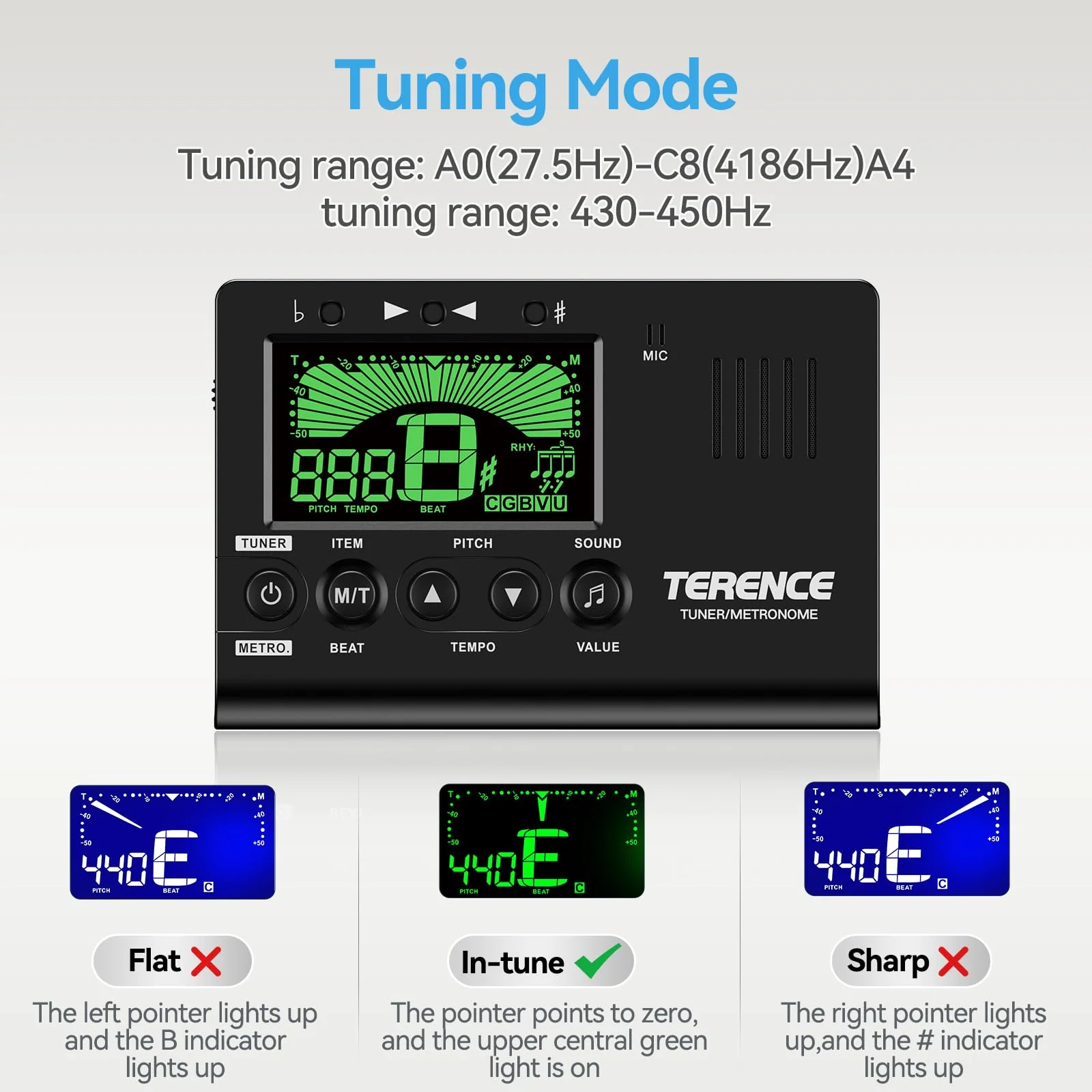 TERENCE Metronome Tuner, 3 in 1 Digital Metronome Tuner Tone Generator for Guitar, Bass, Ukulele, Chromatic, Clarinet, Trumpet and All Musical Instruments, with LCD Color Display, Volume Adjustable - Image 4