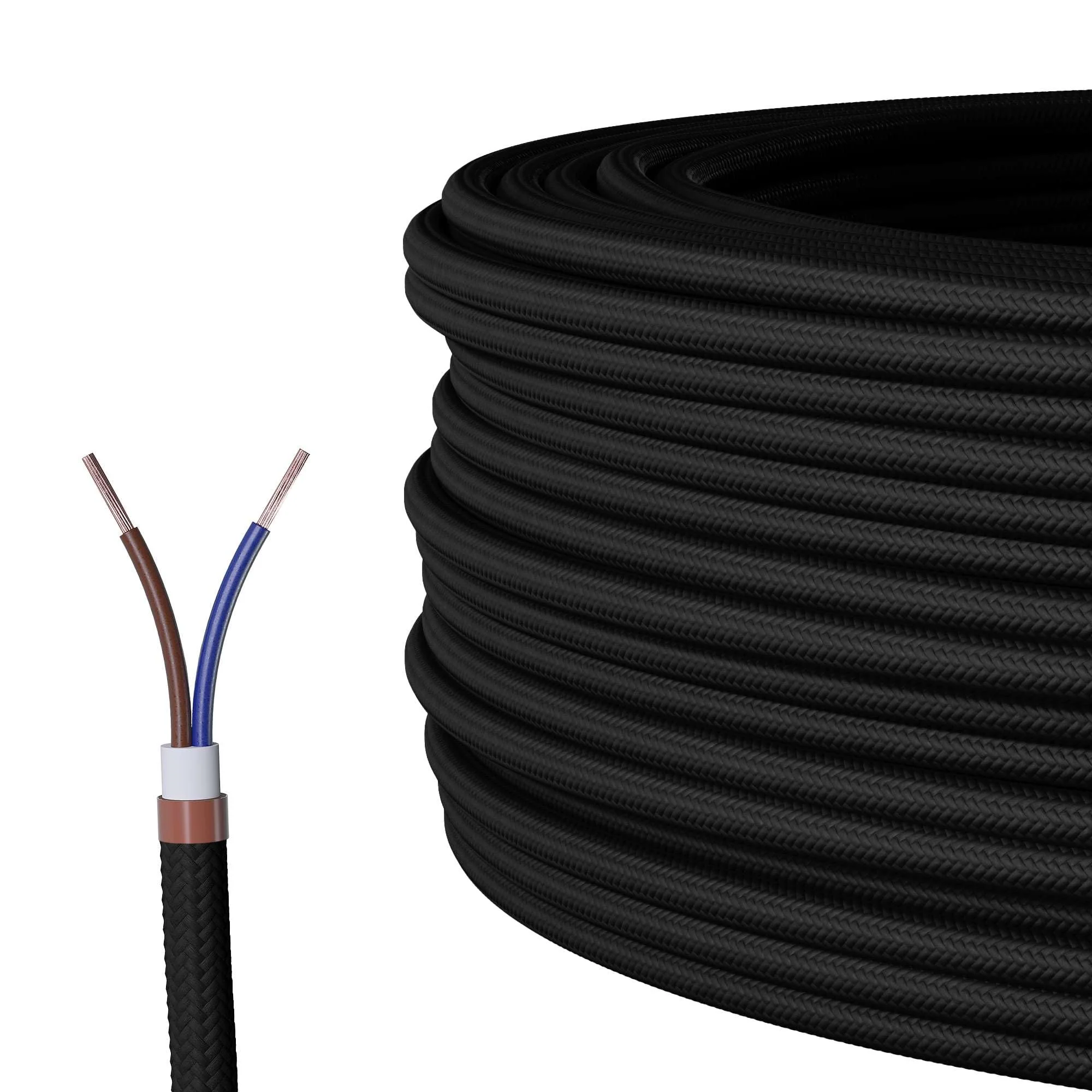 Textile Cable for Lamps, Various Colours, 2 Core, 2 x 0.75 mm2, black 3 Meter