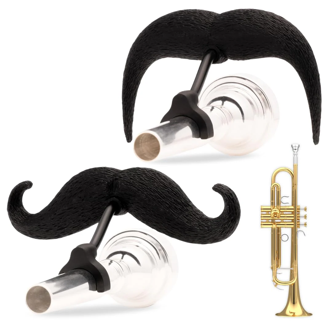 The Original Brasstache 2.0 - [2-Pack] Clip-on Mustache for Trumpet Mouthpiece, XL and Handlebar Combo Version