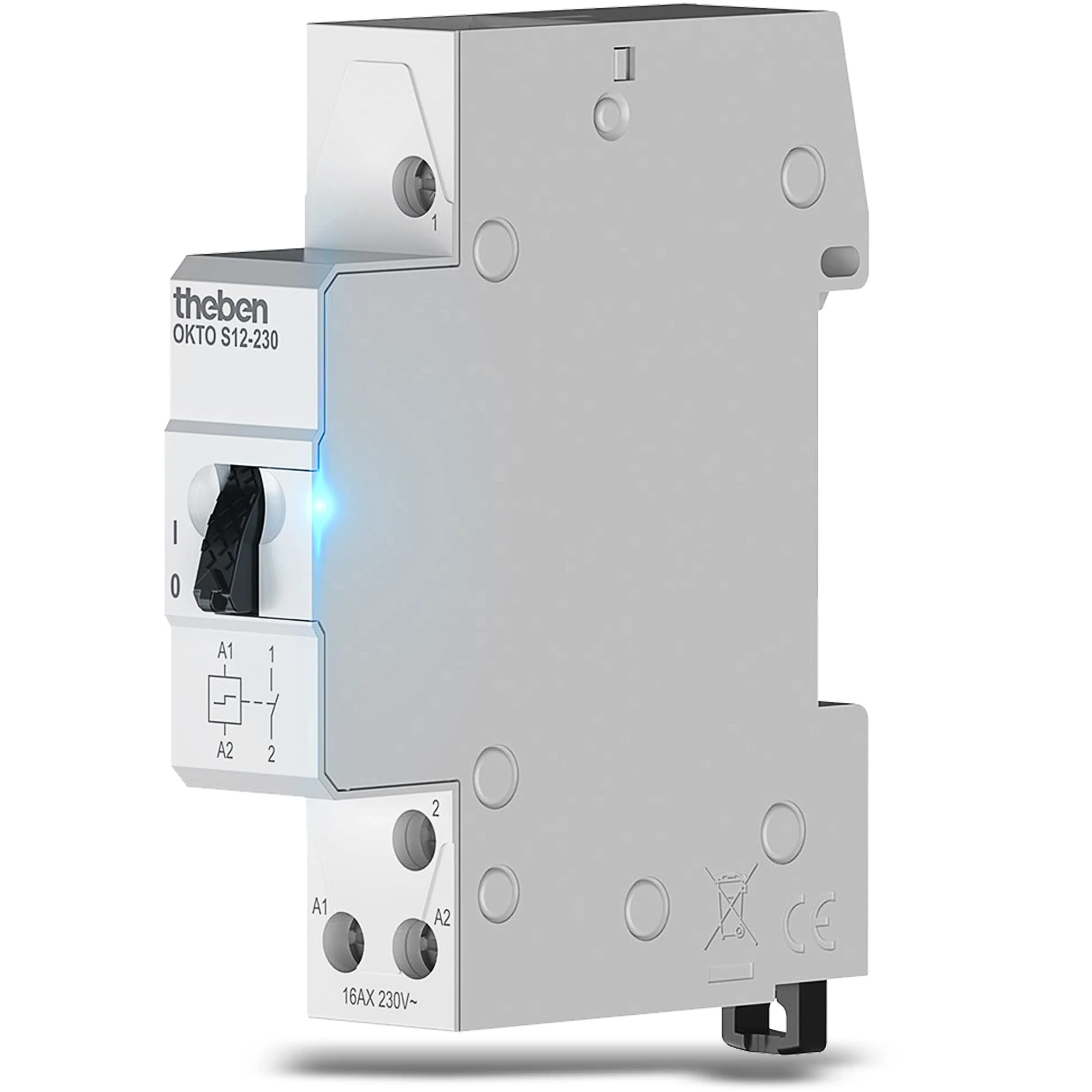 Theben 3120120 Okto S12-230 Impulse Switch, Impulse Relay, 230 V, Electromechanical, DIN Rail, DIN Rail, 1 N/O Contact, LED up to 200 W, Light Control (Pack of 1) Pack of 1