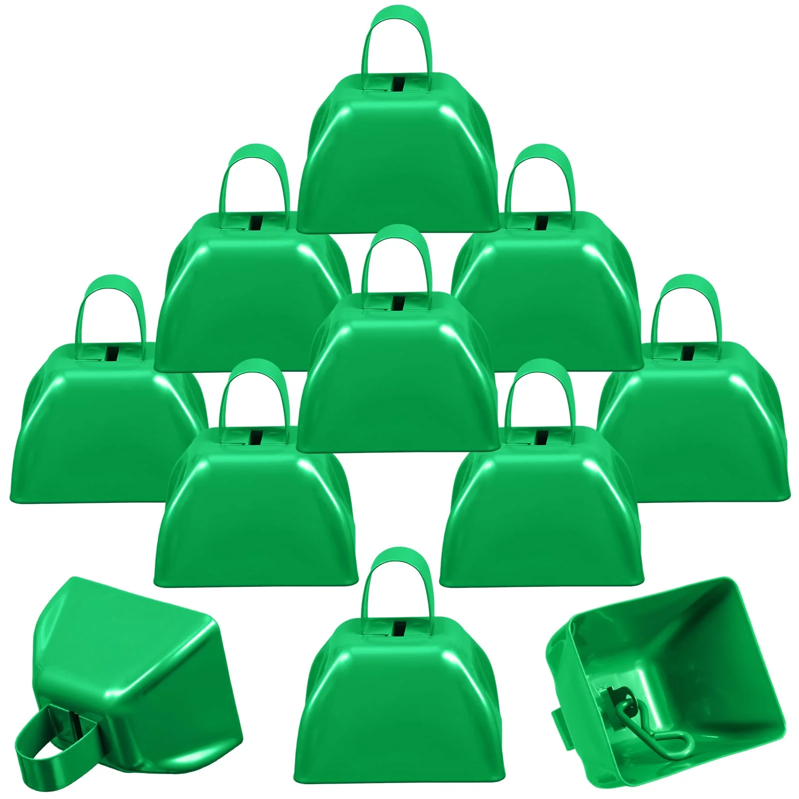 Therwen 12 Pack Metal Cow Bells Noise Makers with Handle 3 Inch Hand Percussion Cowbells Bulk Loud Call Bell for Sporting Events Cheering Football Games Team Spirit Weddings Party Noisemakers (Green) Green