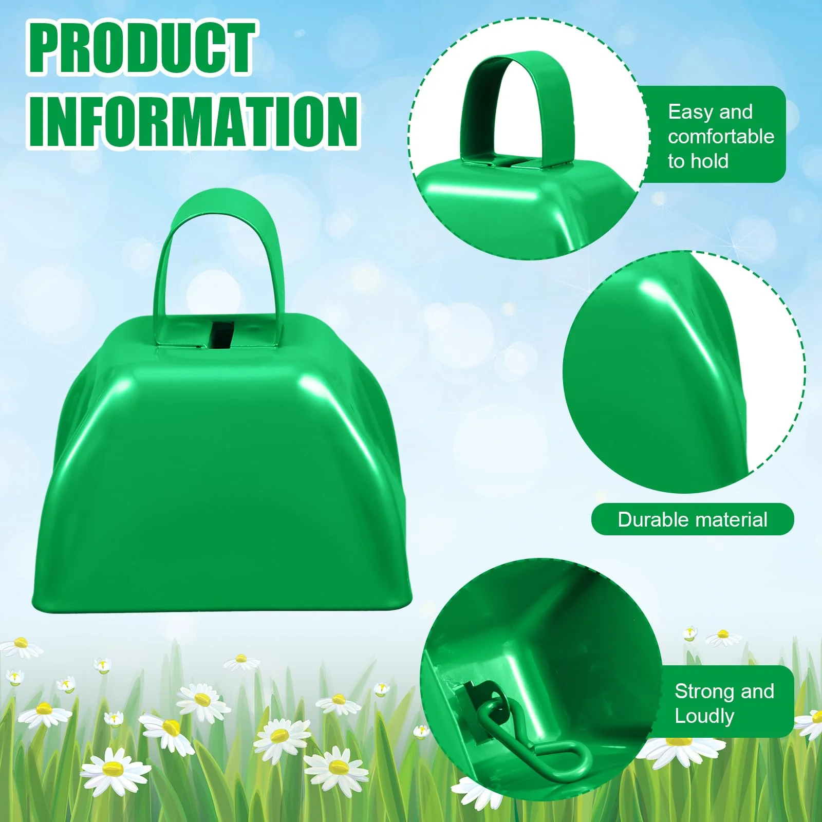 Therwen 12 Pack Metal Cow Bells Noise Makers with Handle 3 Inch Hand Percussion Cowbells Bulk Loud Call Bell for Sporting Events Cheering Football Games Team Spirit Weddings Party Noisemakers (Green) Green - Image 3