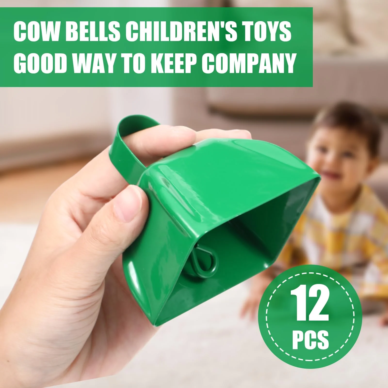 Therwen 12 Pack Metal Cow Bells Noise Makers with Handle 3 Inch Hand Percussion Cowbells Bulk Loud Call Bell for Sporting Events Cheering Football Games Team Spirit Weddings Party Noisemakers (Green) Green - Image 4