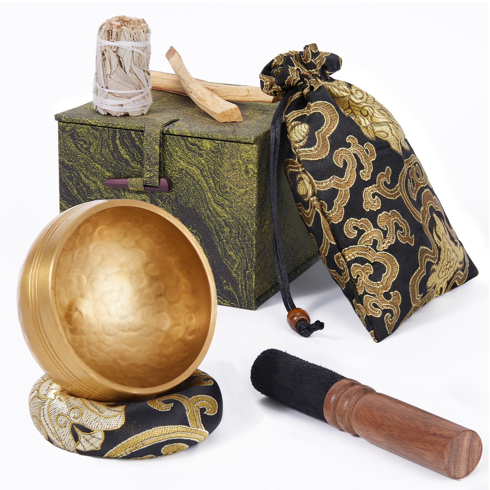 Tibetan Singing Bowl Set (3.15 Inch, copper) - Hand-Hammered, Perfect for Sound Bath, Yoga & Meditation Stress Relief, Comes with Gift Box, Free Palo Santo Wood + California White Sage Type2 Copper Singing Bowl Set with Gift Box Ø3.15 Inch