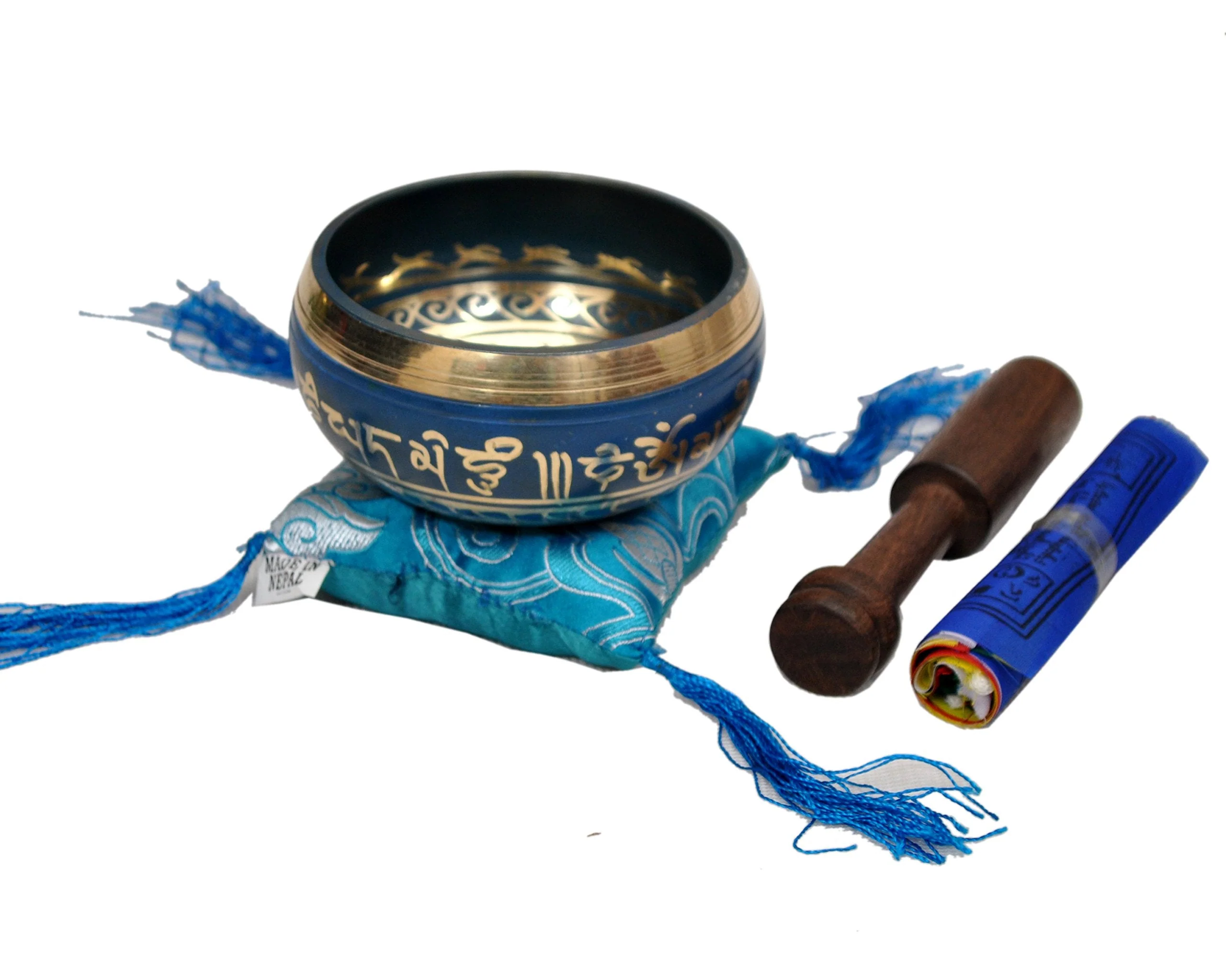 Tibetan Singing Bowl Set By Dharma Store - With Traditional Design Tibetan Buddhist Prayer Flag - Handmade in Nepal (Blue) Blue