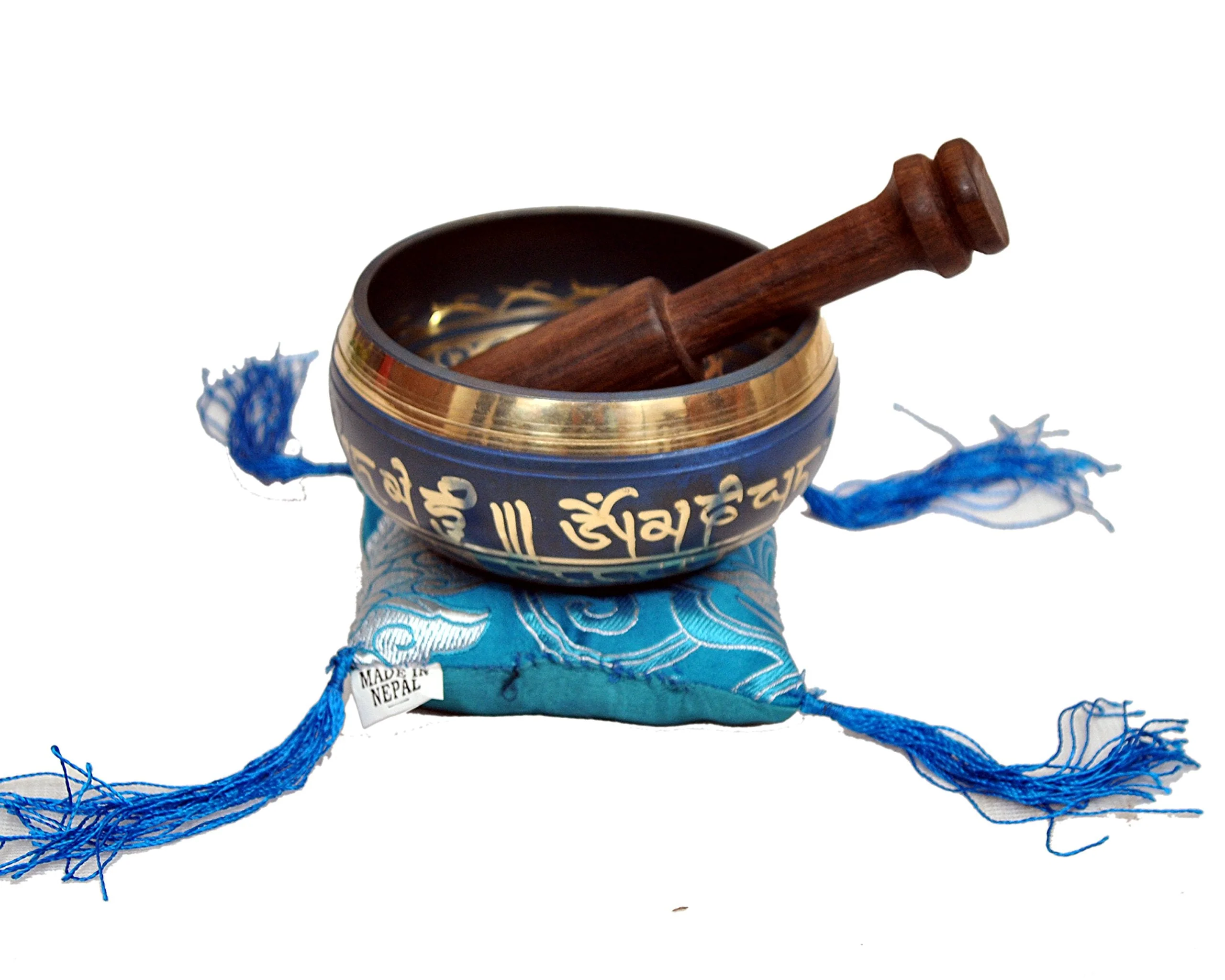 Tibetan Singing Bowl Set By Dharma Store - With Traditional Design Tibetan Buddhist Prayer Flag - Handmade in Nepal (Blue) Blue - Image 3