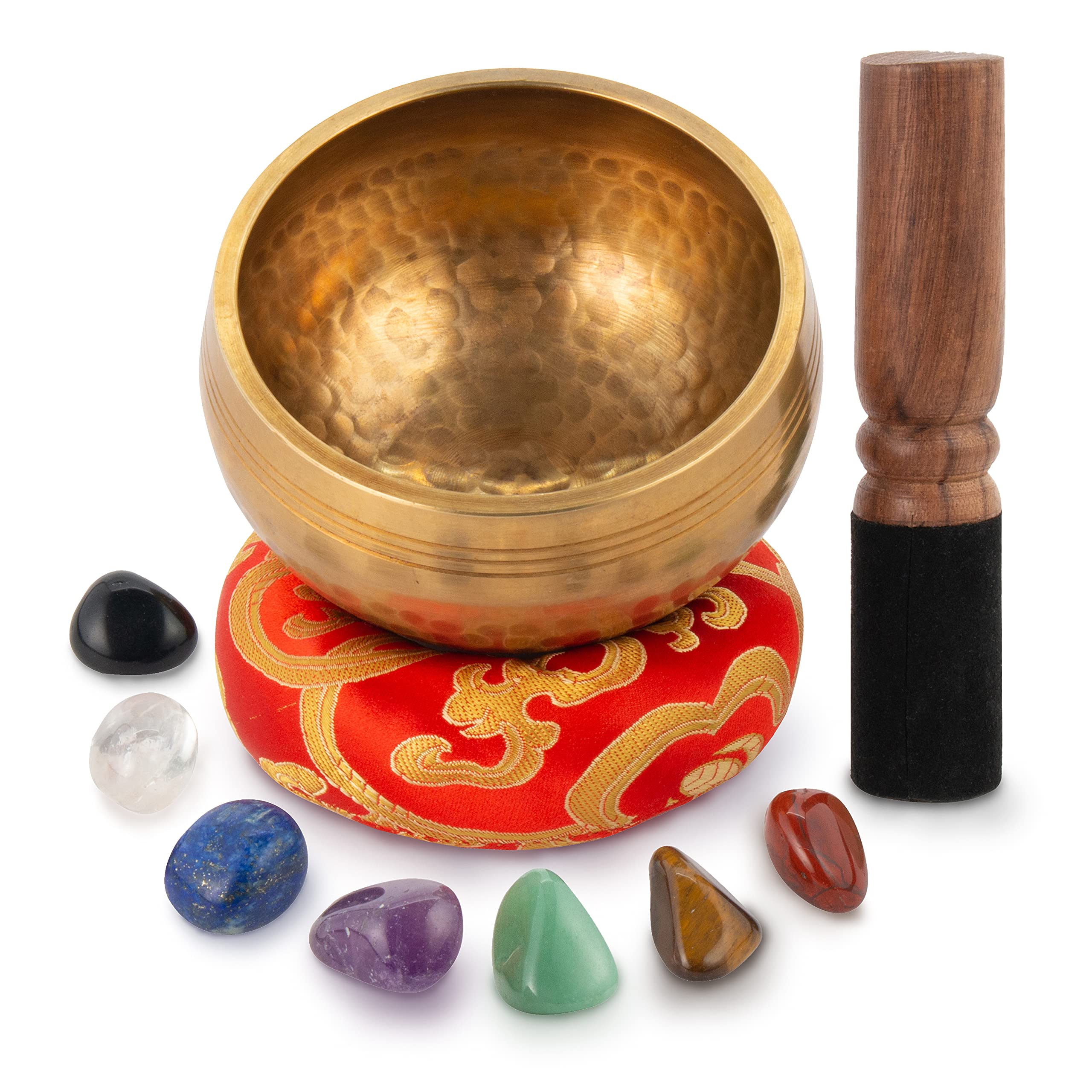 Tibetan Singing Bowl Set - Easy To Play for Beginners - Authentic Handcrafted Mindfulness Meditation Holistic Sound Bowl 7 Chakra Healing Gift by Himalayan Bazaar (4 Inch with Chakra Stones) Bowl with Stones - 4 Inch