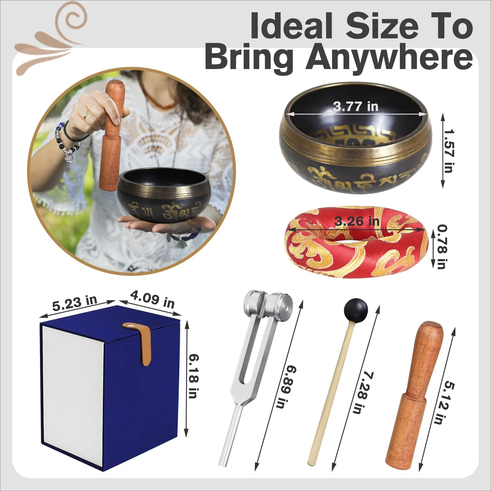 Tibetan Singing Bowl Set, Pure Timbre - Pure and ethereal, Chakra Sound Healing, for Meditation balancing Mindfulness and Stress Relief, Unique Spiritual Gifts for Women and Men (Brass, 3.2-4 inch) - Image 7