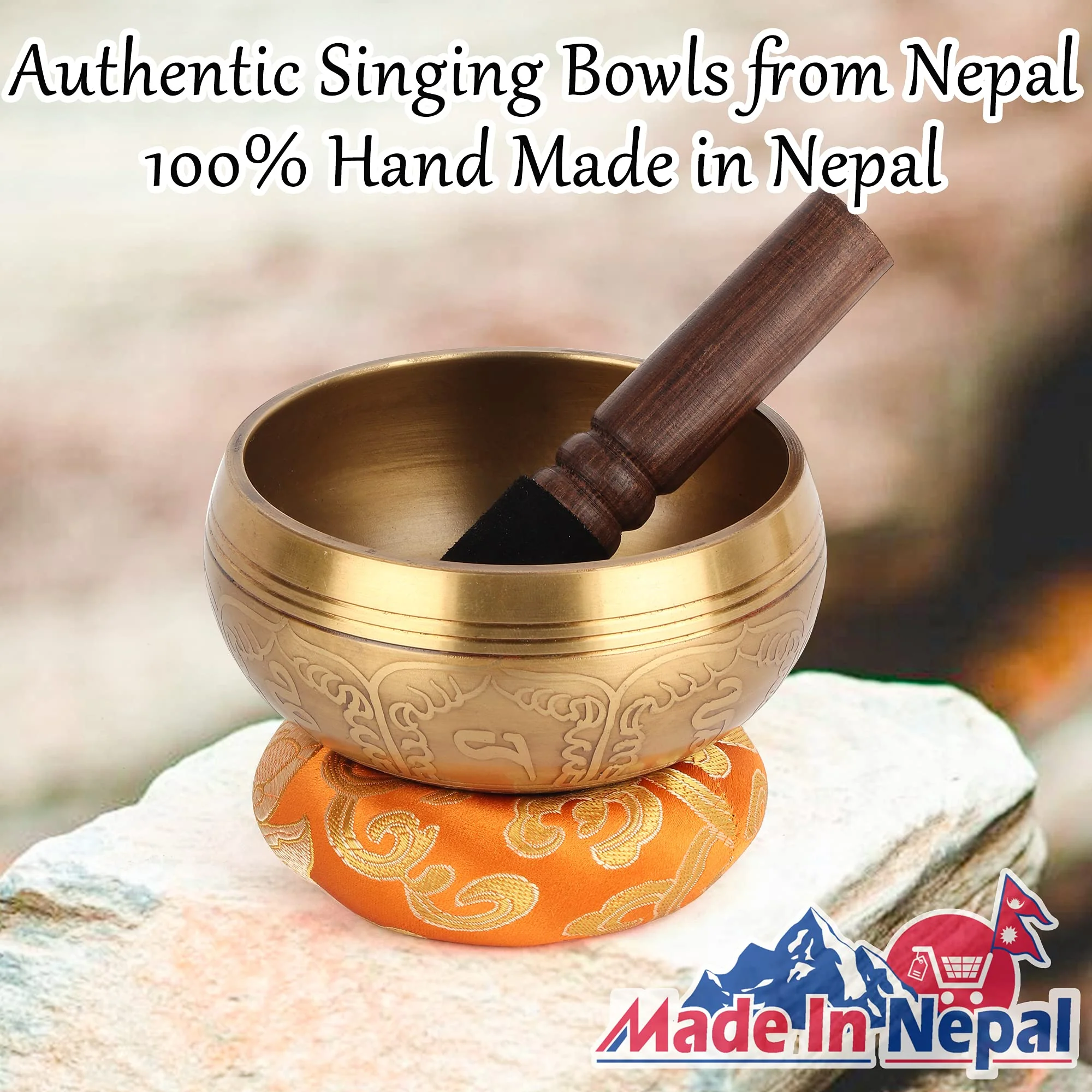 Tibetan Singing Bowls Set-Hand-hammered in Nepal Sound Bowl for Meditation, Yoga, Chakra, Meditation Accessories, Unique Gifts for Women, Men (Yellow, 4 inch) Yellow - Image 4