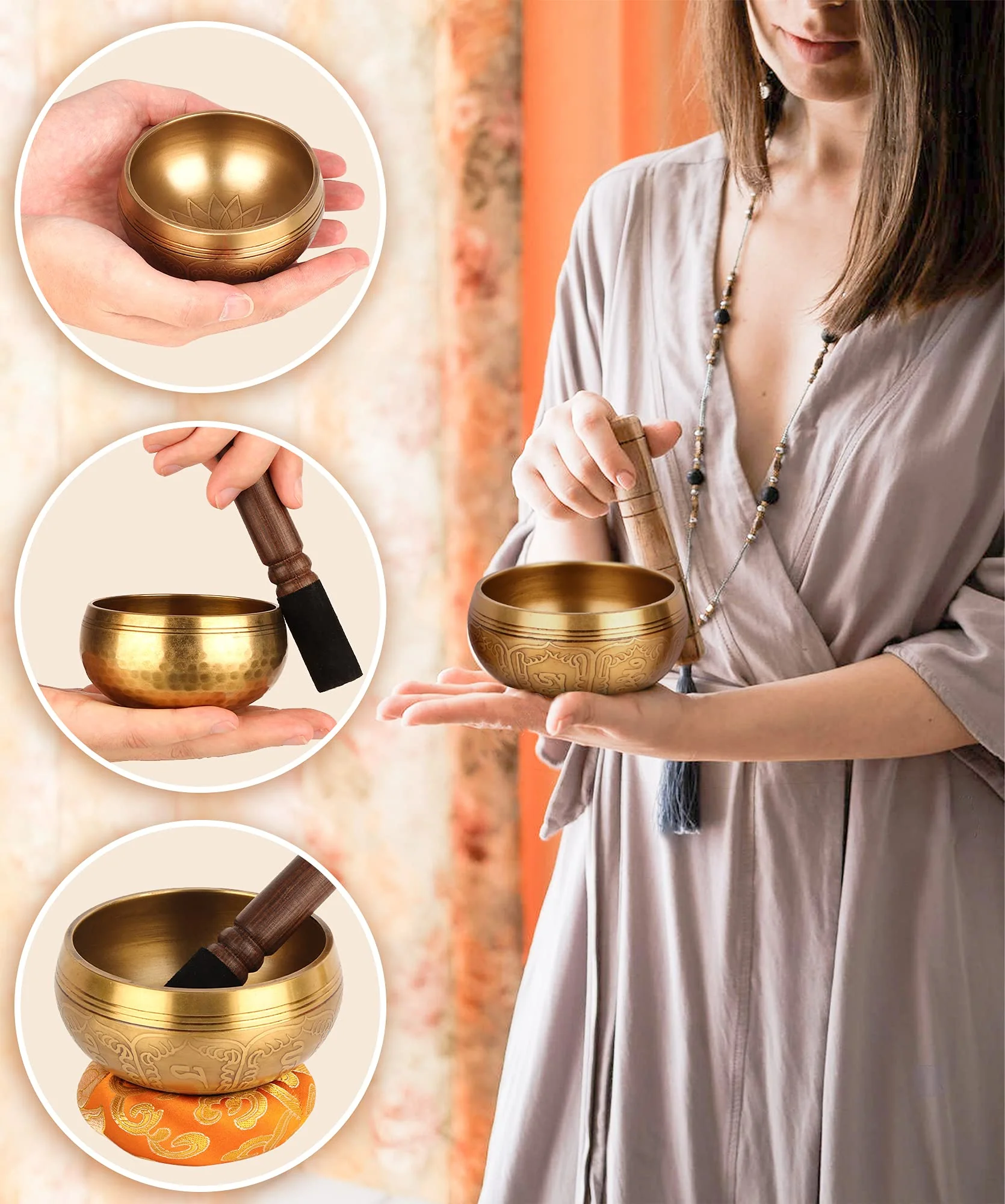Tibetan Singing Bowls Set-Hand-hammered in Nepal Sound Bowl for Meditation, Yoga, Chakra, Meditation Accessories, Unique Gifts for Women, Men (Yellow, 4 inch) Yellow - Image 6