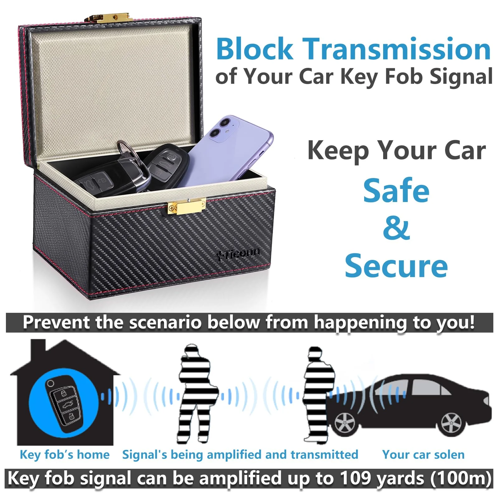 TICONN Faraday Box, Car Key Fob Protector, Carbon Fiber Signal Blocker for Keyless Fob, RFID Signal Blocking Pouch Cage Carbon Fiber Texture - Image 2