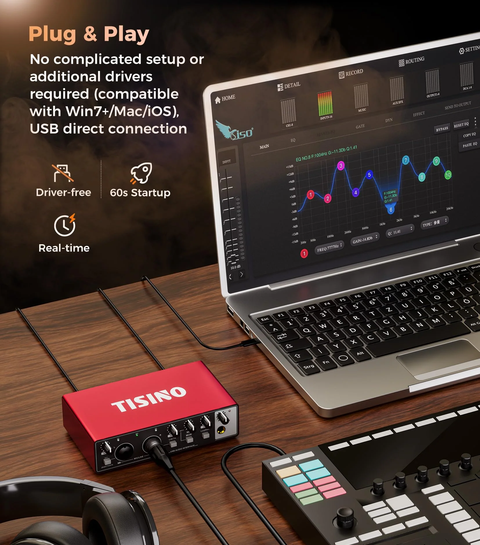 TISINO Audio Interface 2i2-24Bit/192kHz, USB Audio Interface for Recording, Songwriting, Streaming and Podcasting, Plug & Play Studio Interface with 48V Phantom Power, PC/Mac/iOS Compatible,RED Classic Red - Image 4