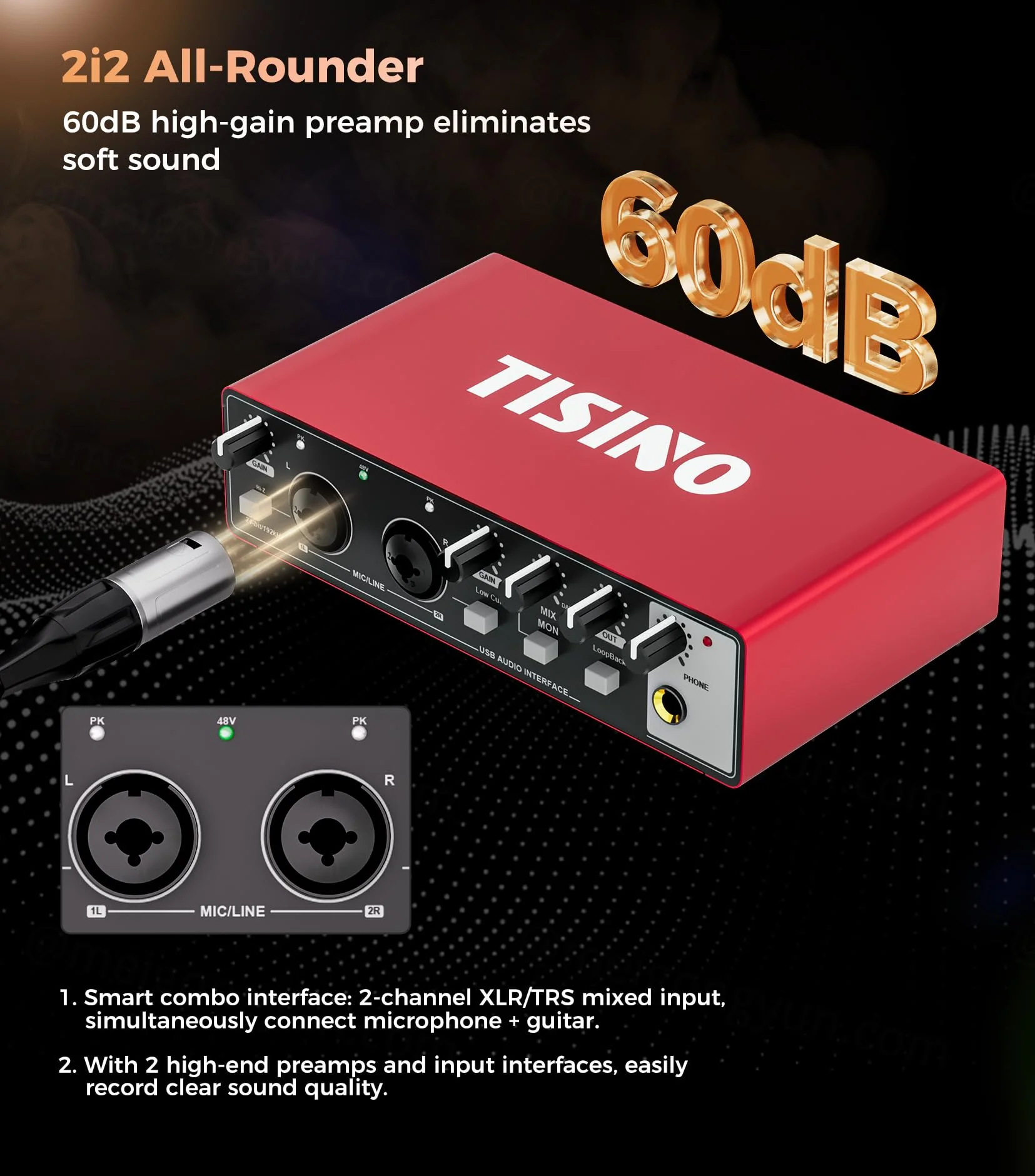 TISINO Audio Interface 2i2-24Bit/192kHz, USB Audio Interface for Recording, Songwriting, Streaming and Podcasting, Plug & Play Studio Interface with 48V Phantom Power, PC/Mac/iOS Compatible,RED Classic Red - Image 5