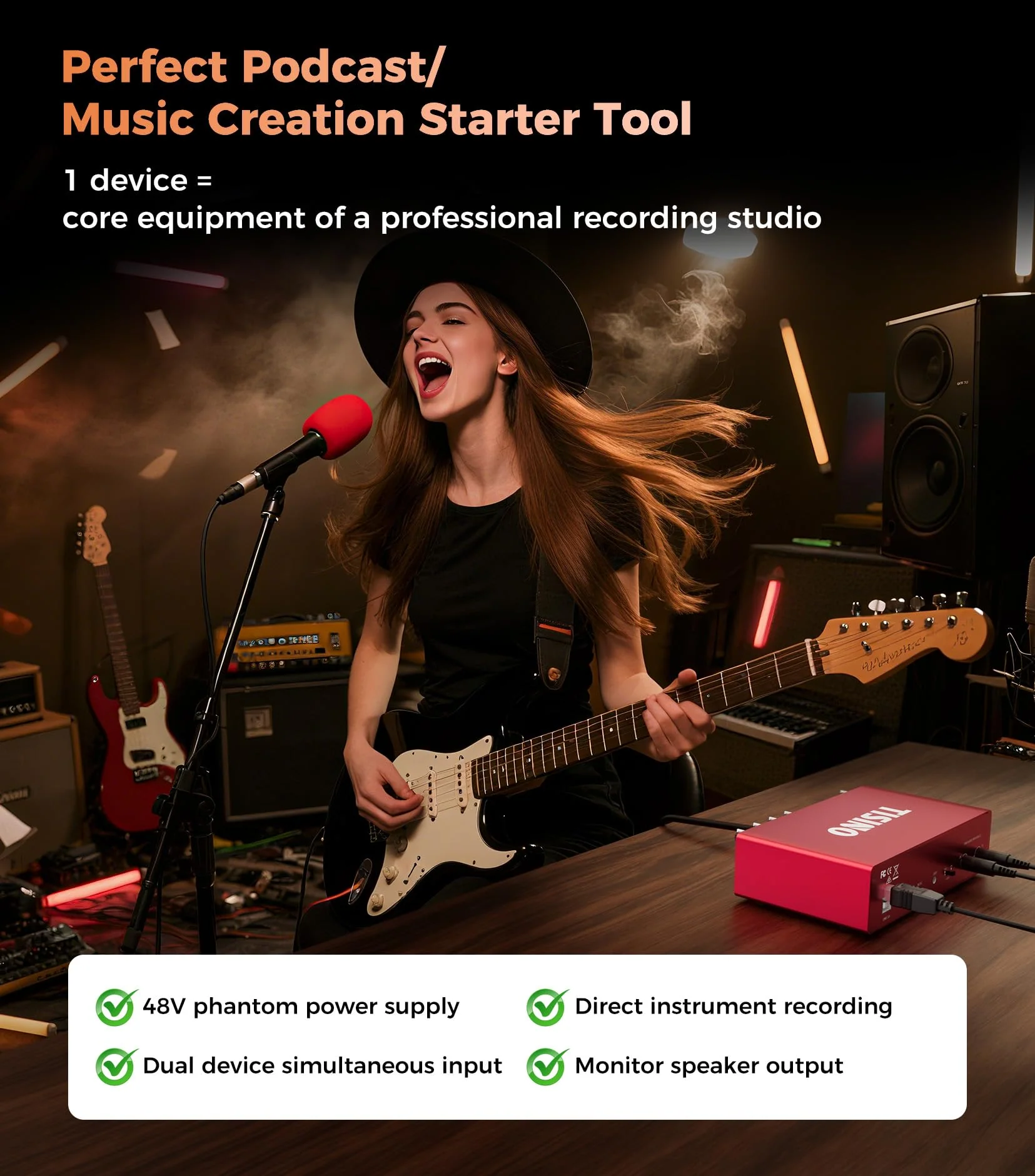 TISINO Audio Interface 2i2-24Bit/192kHz, USB Audio Interface for Recording, Songwriting, Streaming and Podcasting, Plug & Play Studio Interface with 48V Phantom Power, PC/Mac/iOS Compatible,RED Classic Red - Image 6