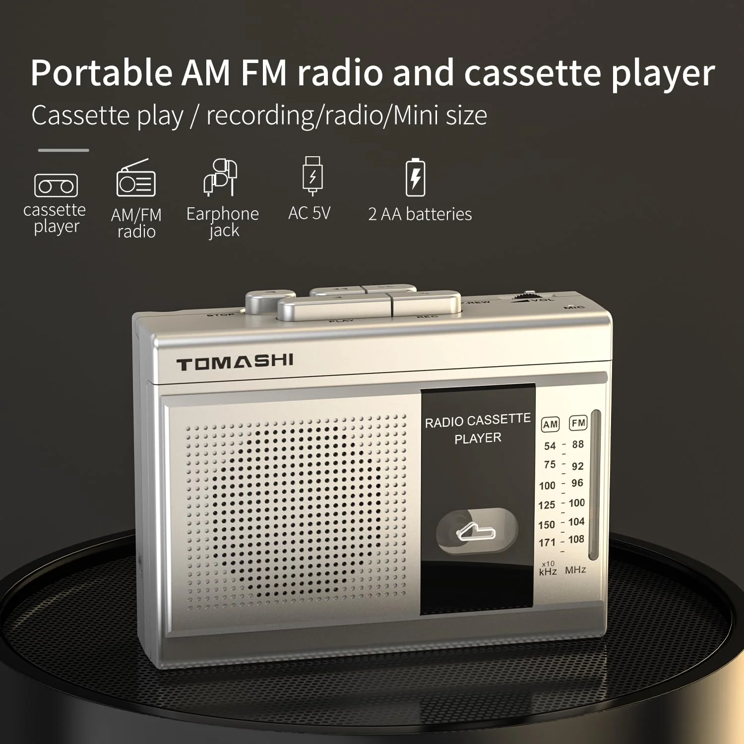 TOMASHI Cassette Player Tape Recorder FM AM Radio with Built-in Speaker,Microphone F-315B - Image 2