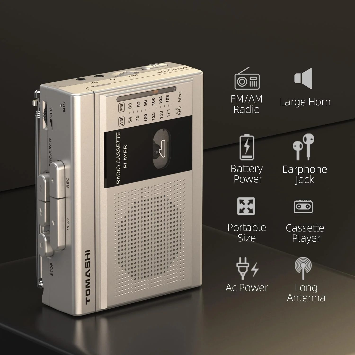 TOMASHI Cassette Player Tape Recorder FM AM Radio with Built-in Speaker,Microphone F-315B - Image 5