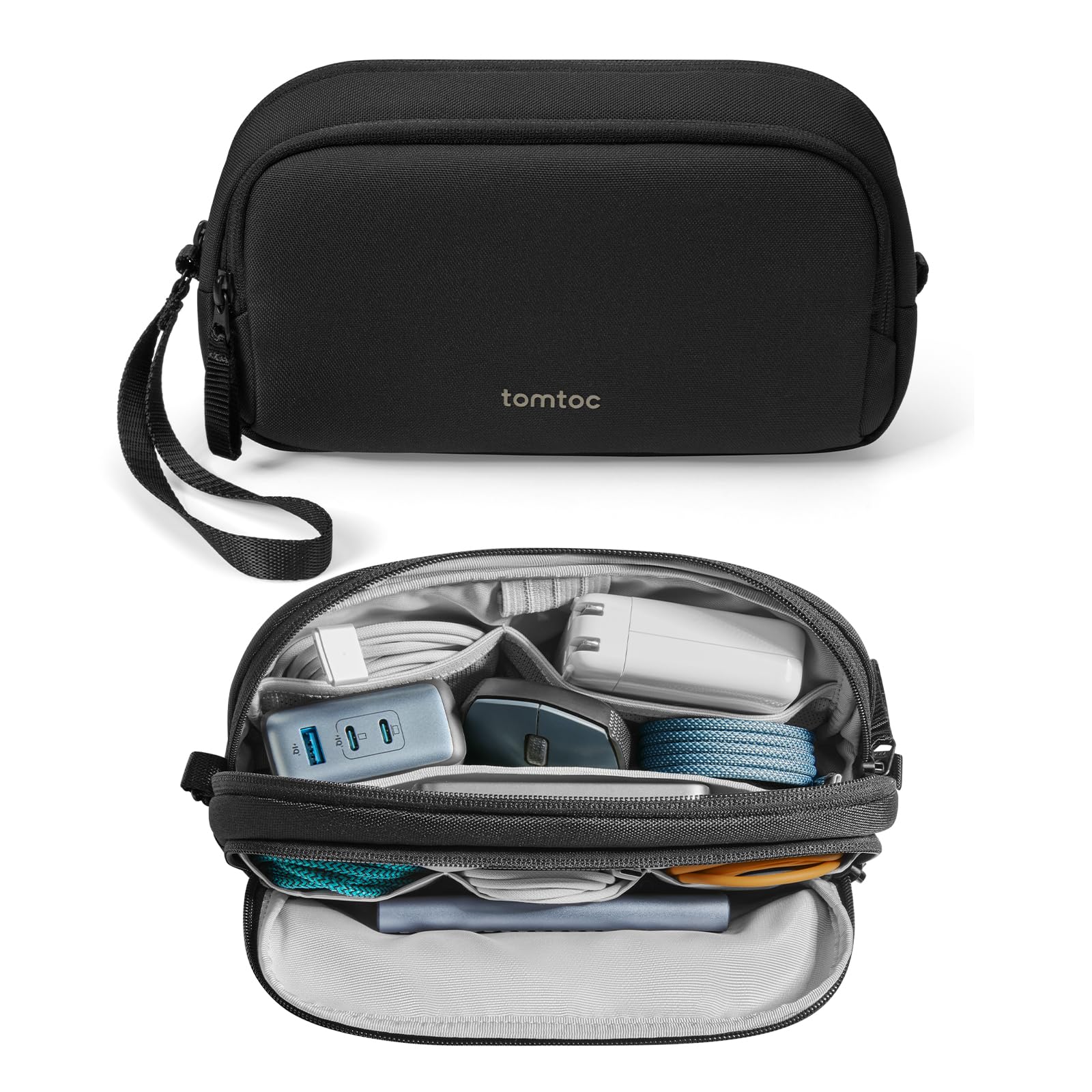 tomtoc Electronic Organizer Travel Case, Water Resistant Dual Compartment Tech Pouch Cable Organization Storage Bag for Charger, Cord, Phone, Hard Drive, Power Bank, Accessories Travel Essentials Black M