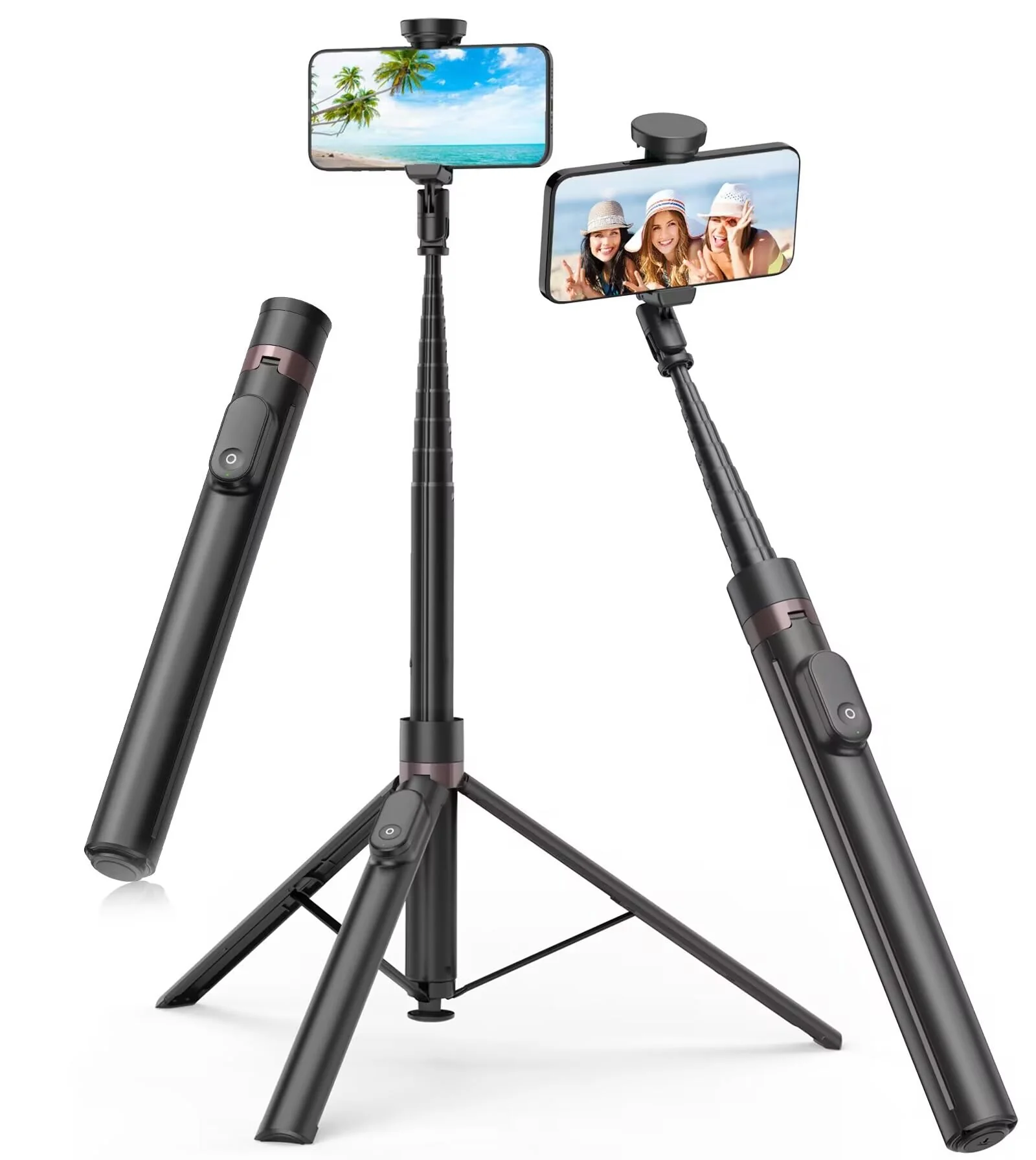 TONEOF 66" Automatic Tripod,Auto-Open Phone Tripod Stand with Magnetic Rechargable Remote,Selfie Stick Tripod 360° Vertical & Horizontal Rotatable,Stable Travel Tripod for iPhone/Android(Black) 66in Black