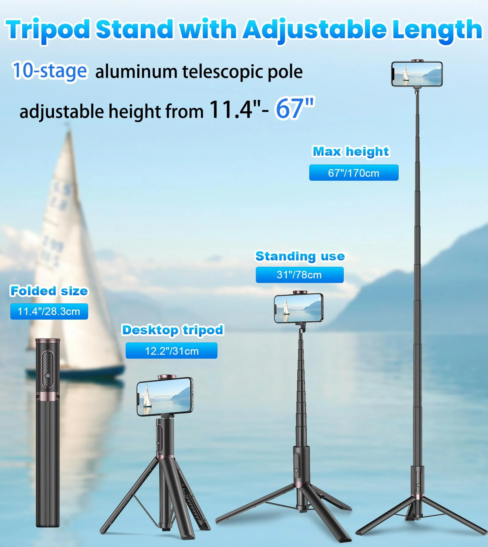 TONEOF 67" Cell Phone Selfie Stick Tripod,Smartphone Tripod Stand All-in-1 with Integrated Wireless Remote,Portable,Lightweight,Extendable Phone Tripod for iPhone/Android(Black) 67“ Black - Image 3