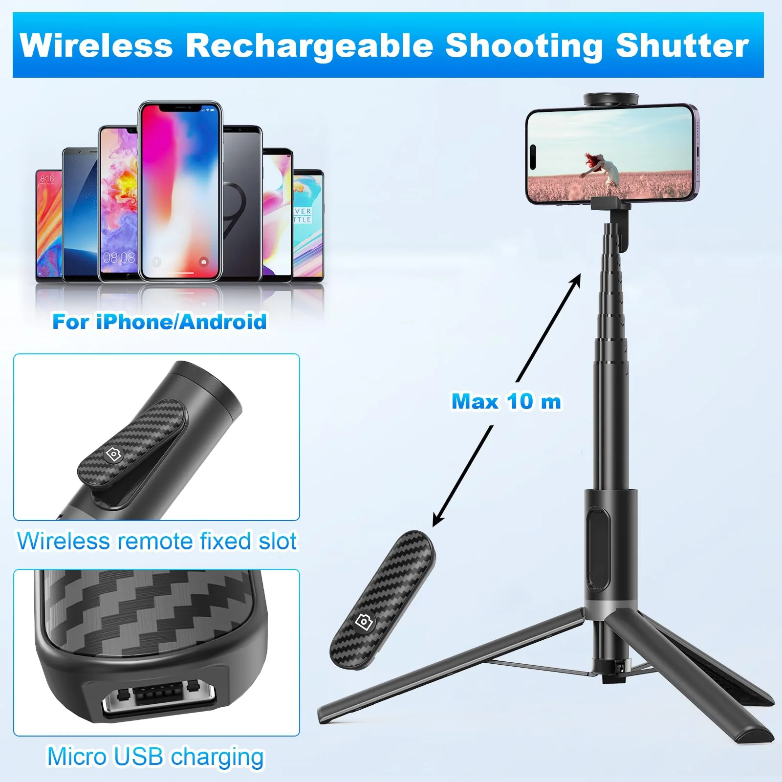 TONEOF Tripod, Cell Phone Selfie Stick, 60 Inch All-in-1 Stand with Integrated Wireless Remote, Lightweight and Portable, Extendable Tripod for 4-7 Inch iPhone and Android(Black Grey) Black Grey - Image 5