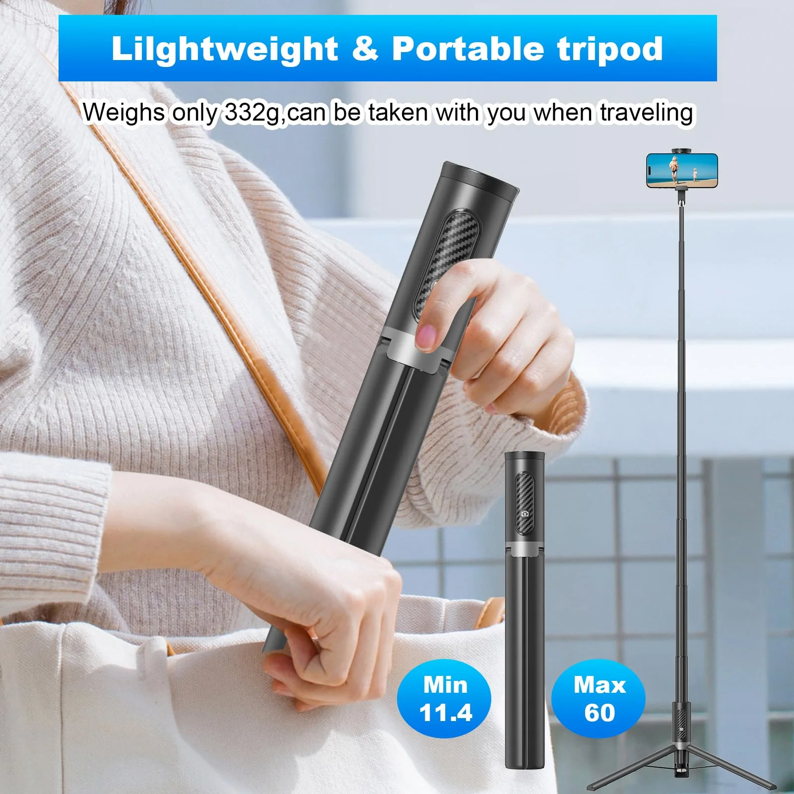 TONEOF Tripod, Cell Phone Selfie Stick, 60 Inch All-in-1 Stand with Integrated Wireless Remote, Lightweight and Portable, Extendable Tripod for 4-7 Inch iPhone and Android(Black Grey) Black Grey - Image 6