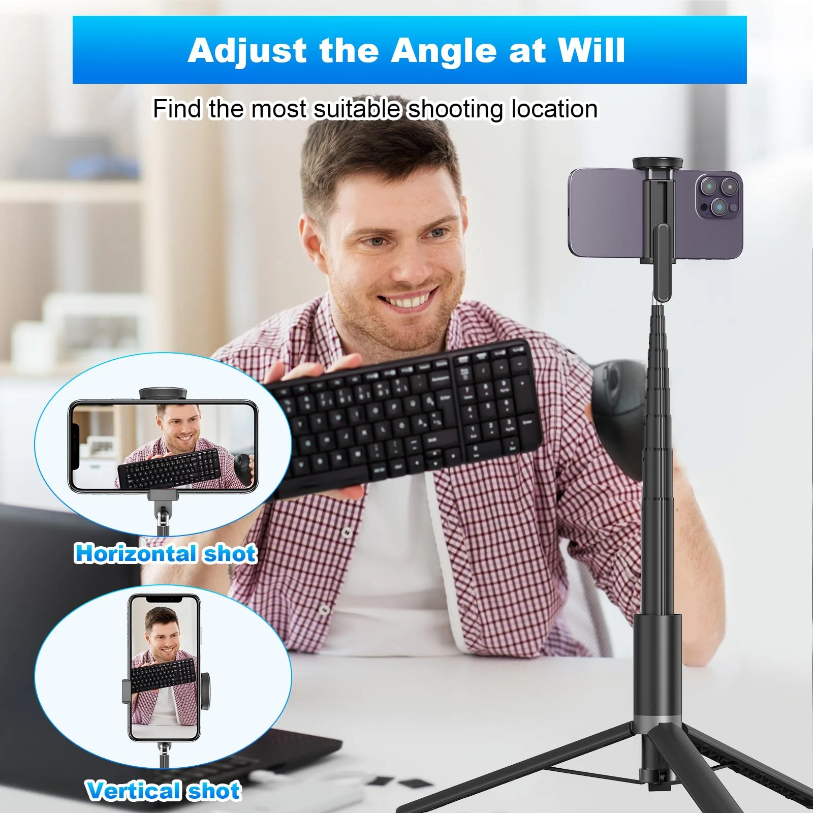 TONEOF Tripod, Cell Phone Selfie Stick, 60 Inch All-in-1 Stand with Integrated Wireless Remote, Lightweight and Portable, Extendable Tripod for 4-7 Inch iPhone and Android(Black Grey) Black Grey - Image 7