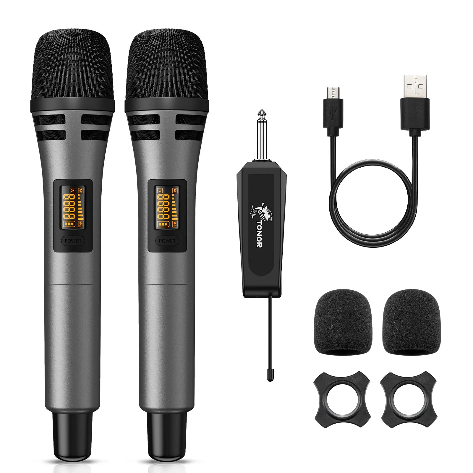 TONOR Wireless Microphones, Dual UHF Karaoke Microphone System, Microfonos Inalambricos with Rechargeable Receiver, Cordless Dynamic Mics Set for Singing, Wedding, Party, 60 m/200ft TW320, 2 Mics Grey
