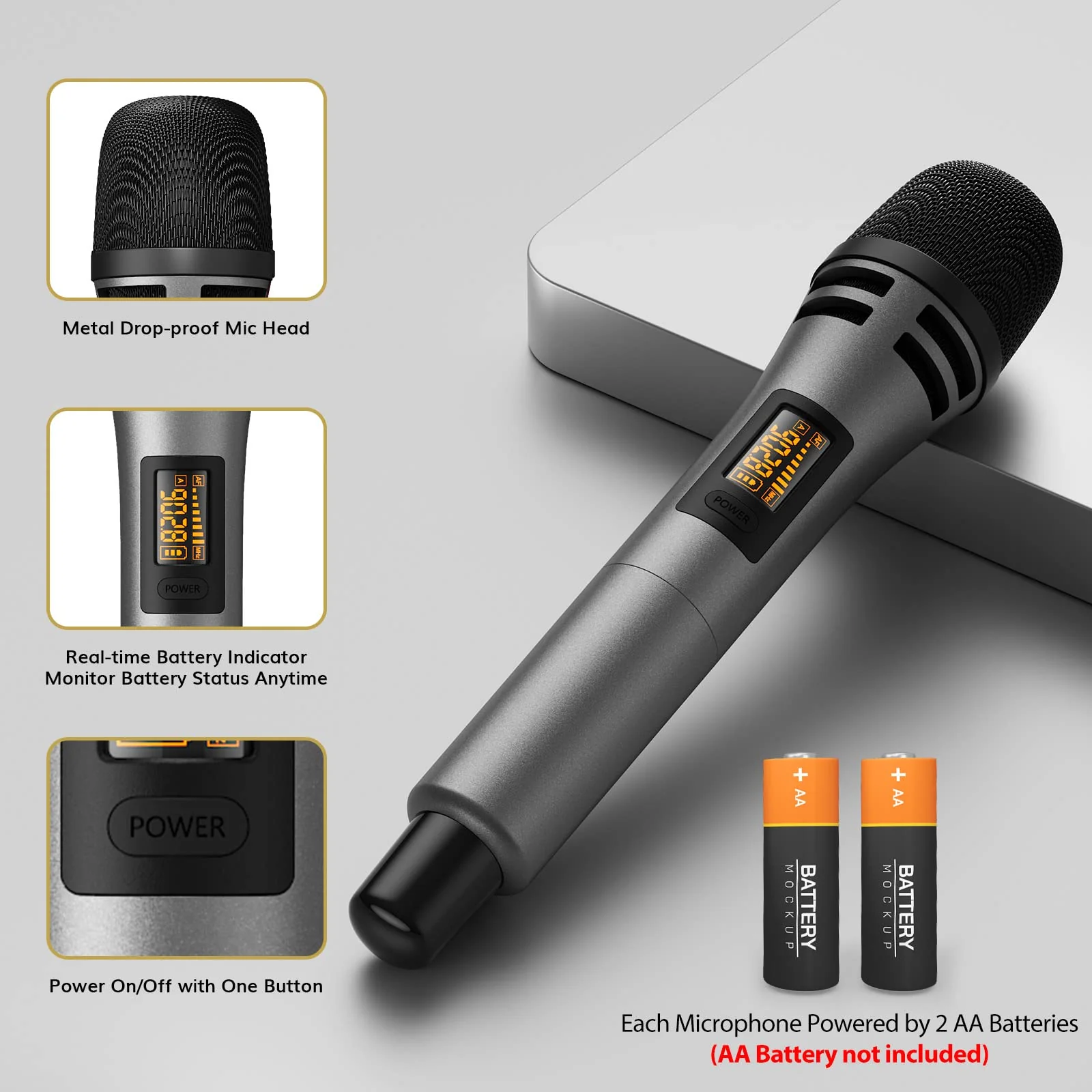 TONOR Wireless Microphones, Dual UHF Karaoke Microphone System, Microfonos Inalambricos with Rechargeable Receiver, Cordless Dynamic Mics Set for Singing, Wedding, Party, 60 m/200ft TW320, 2 Mics Grey - Image 5