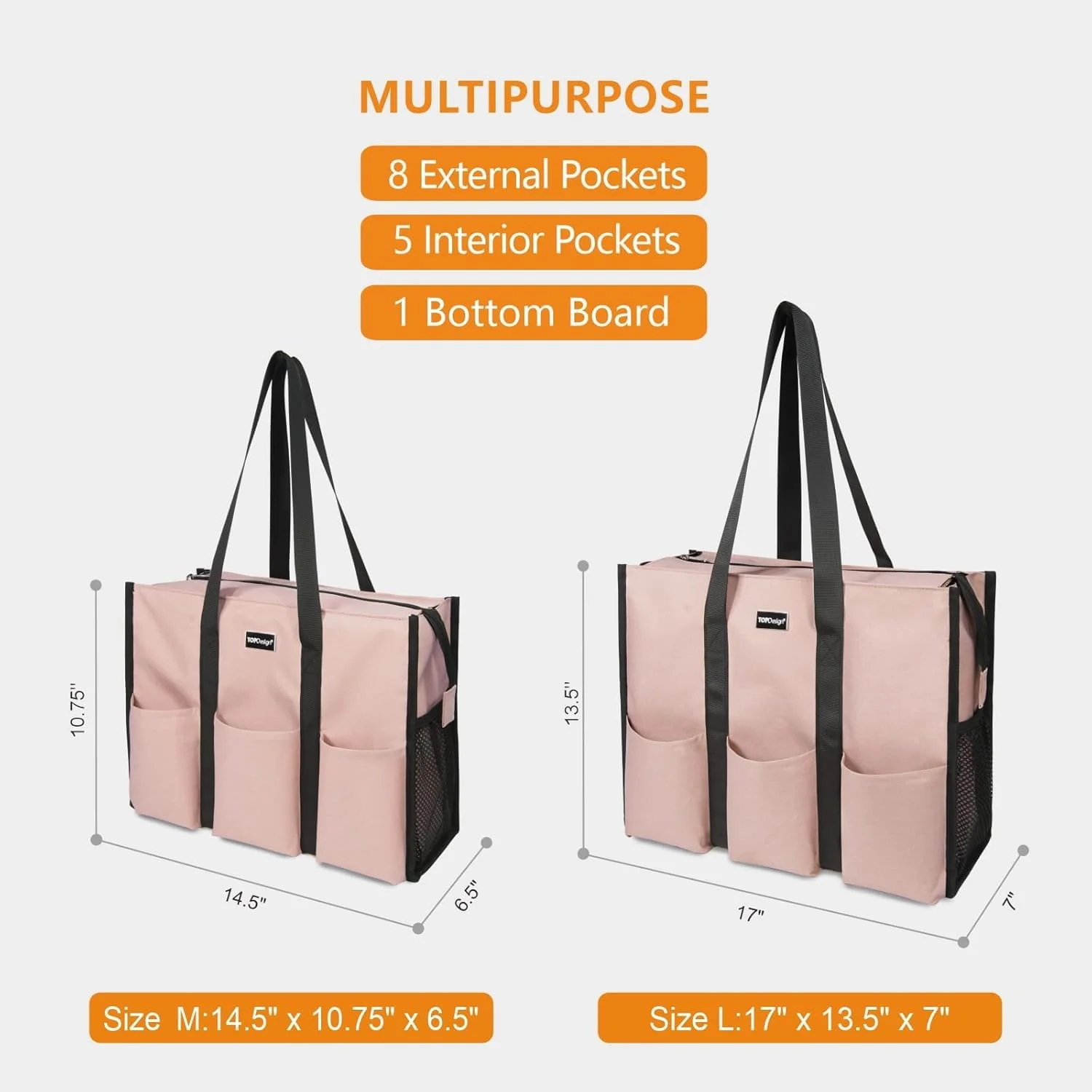TOPDesign Utility Water Resistant Tote Bag with 13 Pockets, Top Zipper Closure & Thick Bottom Support, for Working Women Medium Pink - Image 2
