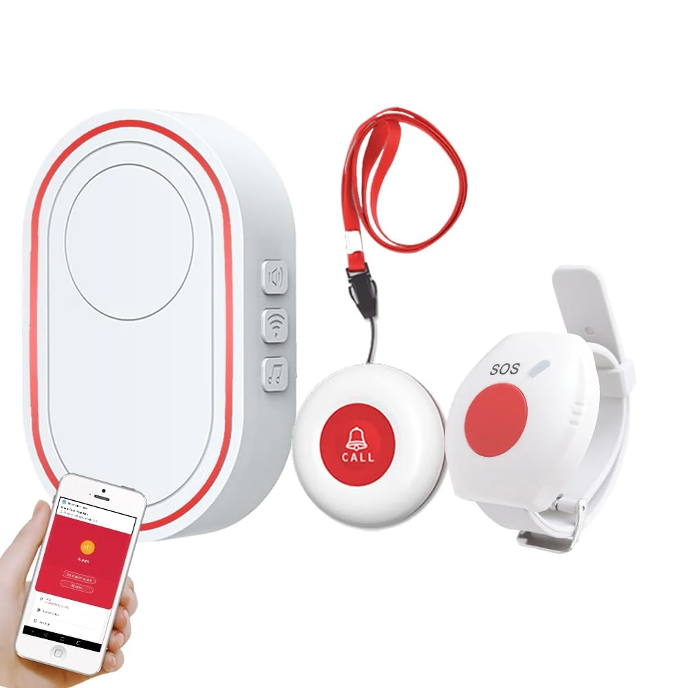 Topvico WiFi Caregiver Pager Call Button for Elderly, Senior Fall Alert Devices, Wireless Nurse Help SOS Panic Bracelet , Tuya Smart APP, Remote Patients Call System for Home, 5 Levels Volume 1 Button A + 1 Watch + 1 Receiver