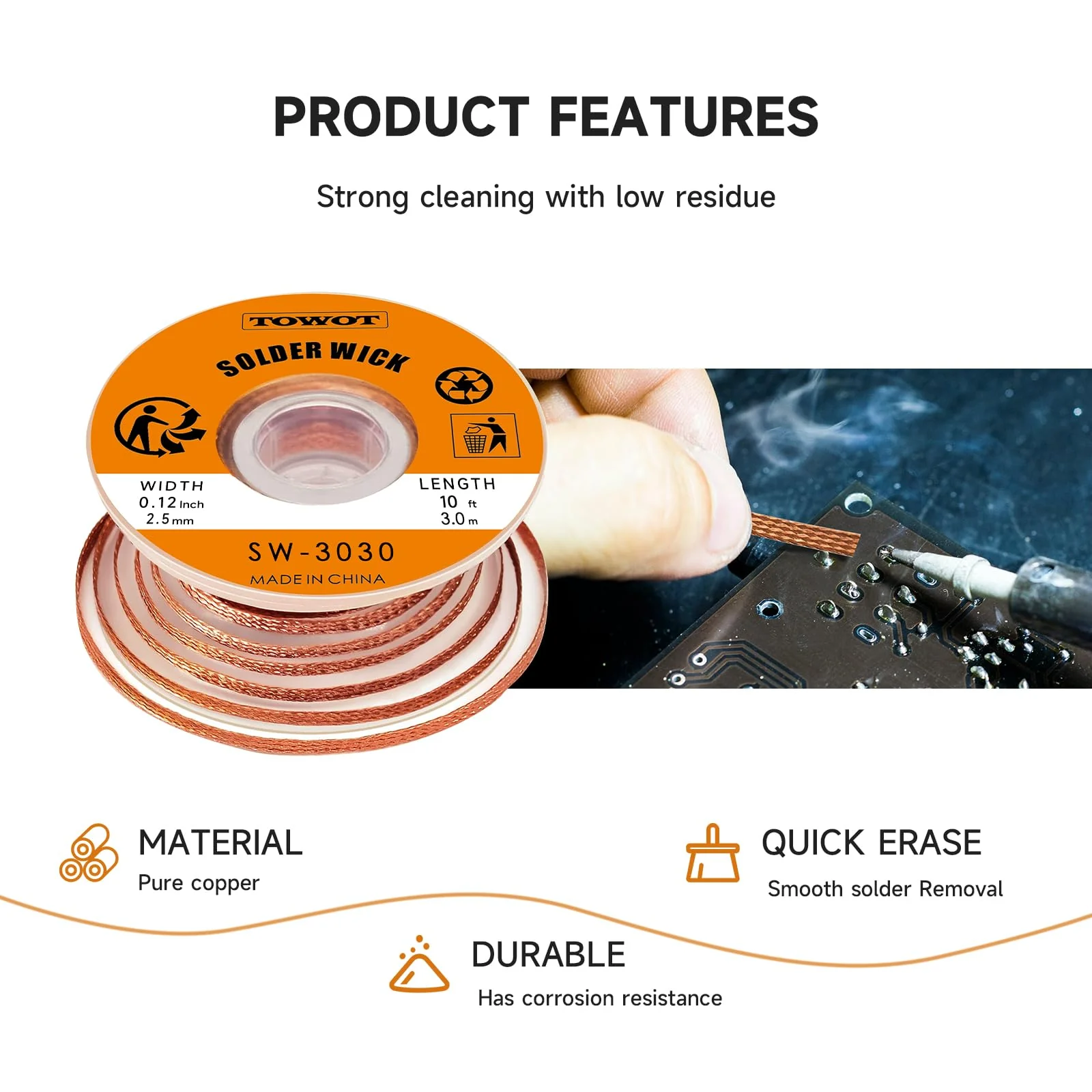 TOWOT Solder Wick Braid with Flux No-Clean Electronic, Desoldering Wick Braid Remover.Desolder Soldering 2.5mm W 0.10'' L 5' 4.92ft - Image 7