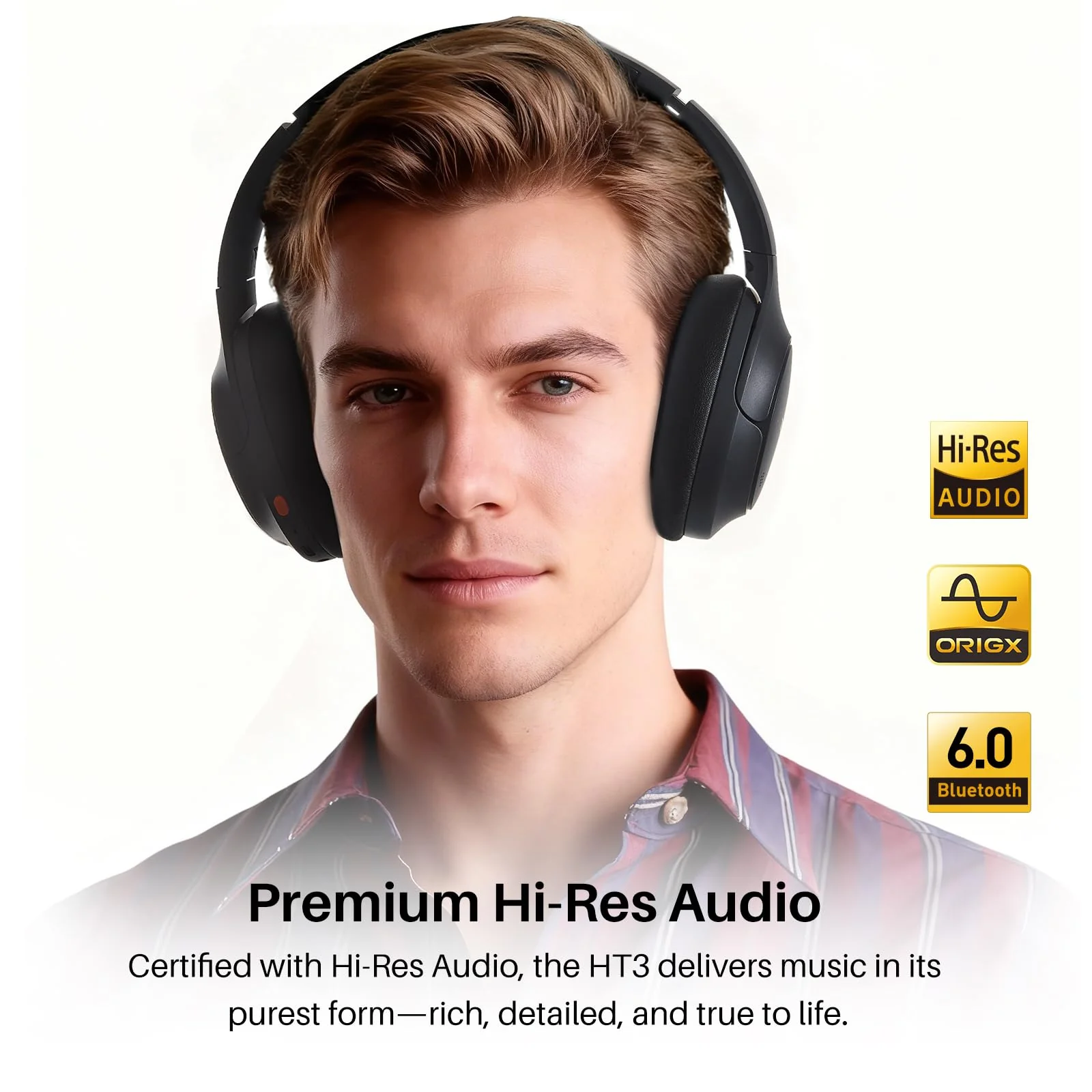 TOZO HT3 Hybrid Noise Cancelling Headphones, 90H Battery Life Wireless Over Ear Bluetooth 6.0 Foldable Headset, AI Voice Assistant with 5 Mics, Connect 2 Devices and Hi-Res Sound, 32 EQ Audio Presets Titanium Black Headphones Only - Image 3