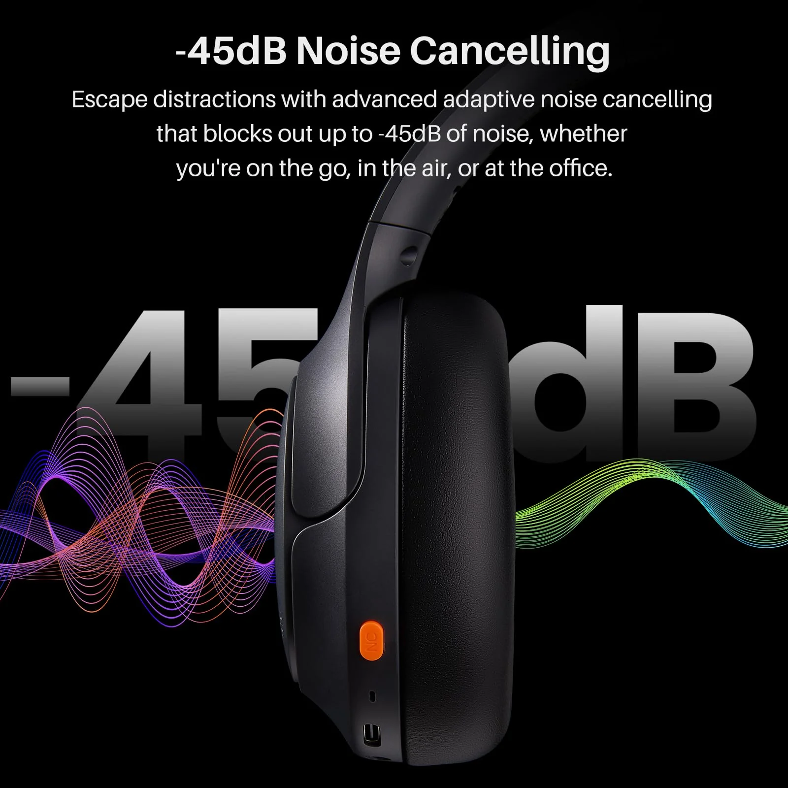 TOZO HT3 Hybrid Noise Cancelling Headphones, 90H Battery Life Wireless Over Ear Bluetooth 6.0 Foldable Headset, AI Voice Assistant with 5 Mics, Connect 2 Devices and Hi-Res Sound, 32 EQ Audio Presets Titanium Black Headphones Only - Image 4