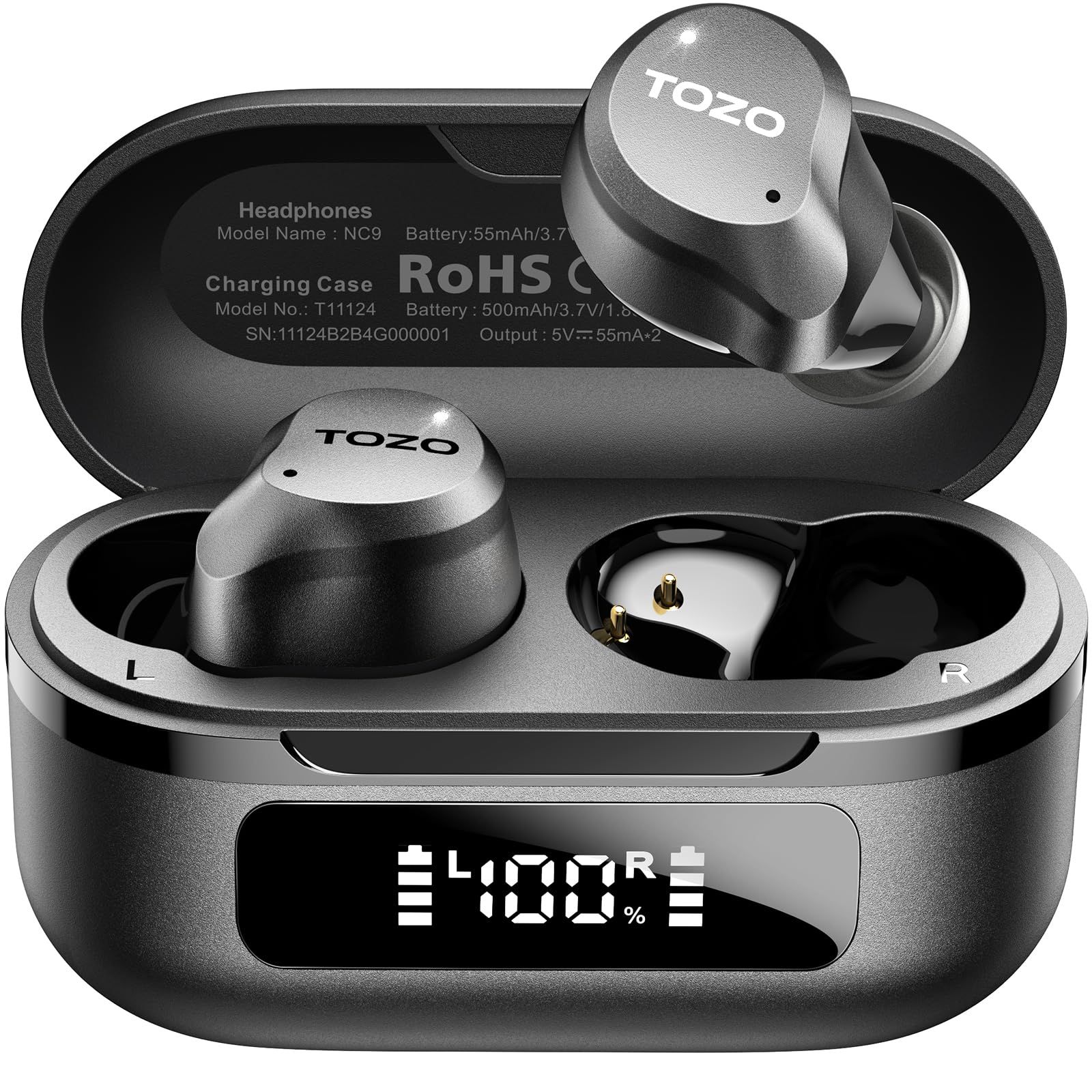 TOZO NC9 Hybrid Active Noise Cancelling Wireless Earbuds, 6 Mics ENC Clear Call, IPX8 Waterproof, in Ear Bluetooth 5.3 Headphones Stereo Bass Ear Buds 60H Playtime with LED Display 32 EQs via APP Dark Black Small