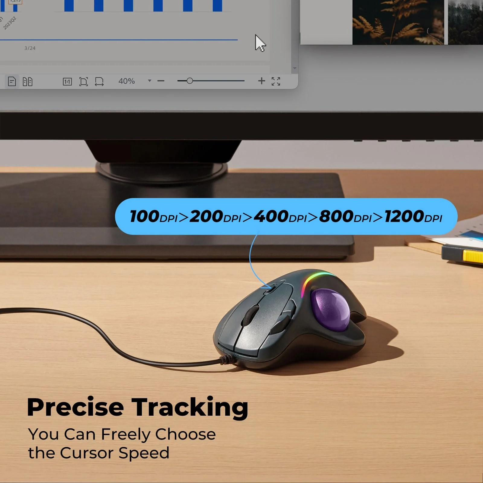 Trackball Mouse Wired, Ergonomic Comfort Design Reduces Muscle Strain, USB Plug&Play, Easy Thumb Control, Precision Tracking with 5 Adjustable DPI, RGB Rollerball Mouse Compatible for PC, Mac, Windows B-Purple - Image 4