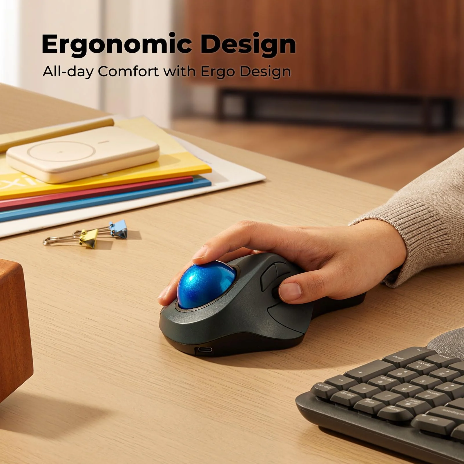 Trackball Mouse Wireless, Ergonomic Design with Comfort Wrist Support and Tracking, Reduce Wrist Strain, USB-C Rechargeable, Reliable Bluetooth or 2.4G Connection, Compatible for PC, Mac, Windows - Image 2