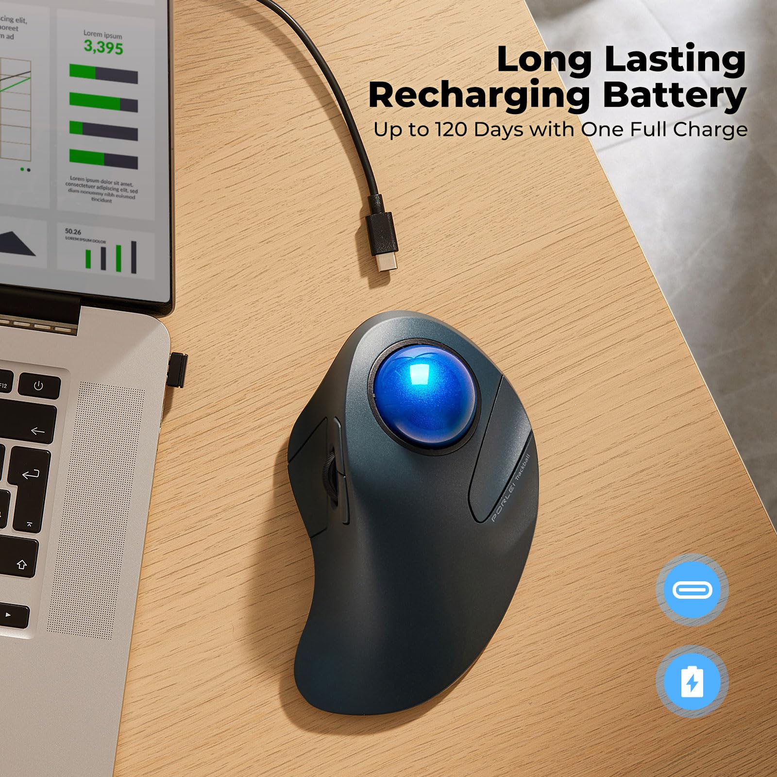 Trackball Mouse Wireless, Ergonomic Design with Comfort Wrist Support and Tracking, Reduce Wrist Strain, USB-C Rechargeable, Reliable Bluetooth or 2.4G Connection, Compatible for PC, Mac, Windows - Image 4