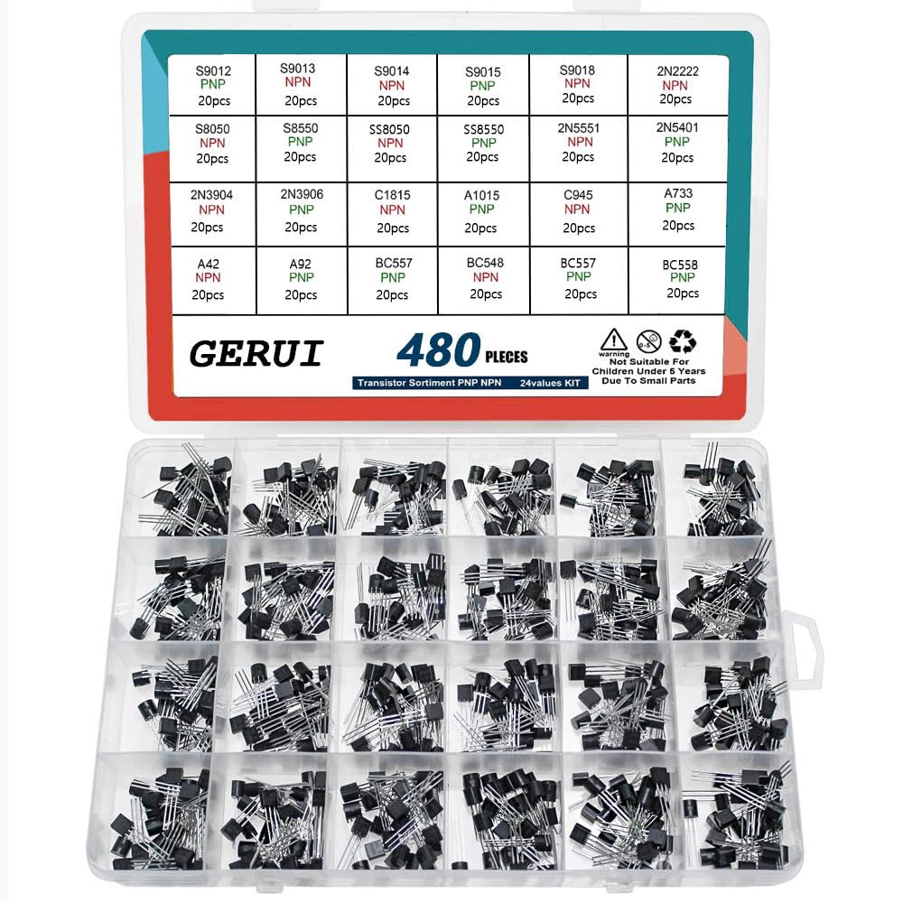 Transistor Assortment Kit 24 Values 480pcs PNP NPN Transistors S9012 S9013 S9017 S9015 S9018 2N2222 S8050 S8550 SS8050 SS8550 2N5551 2N 5401 2N3904 2N3906 C1815 A1015 C945 A733 A42 A92 BC547 BC548