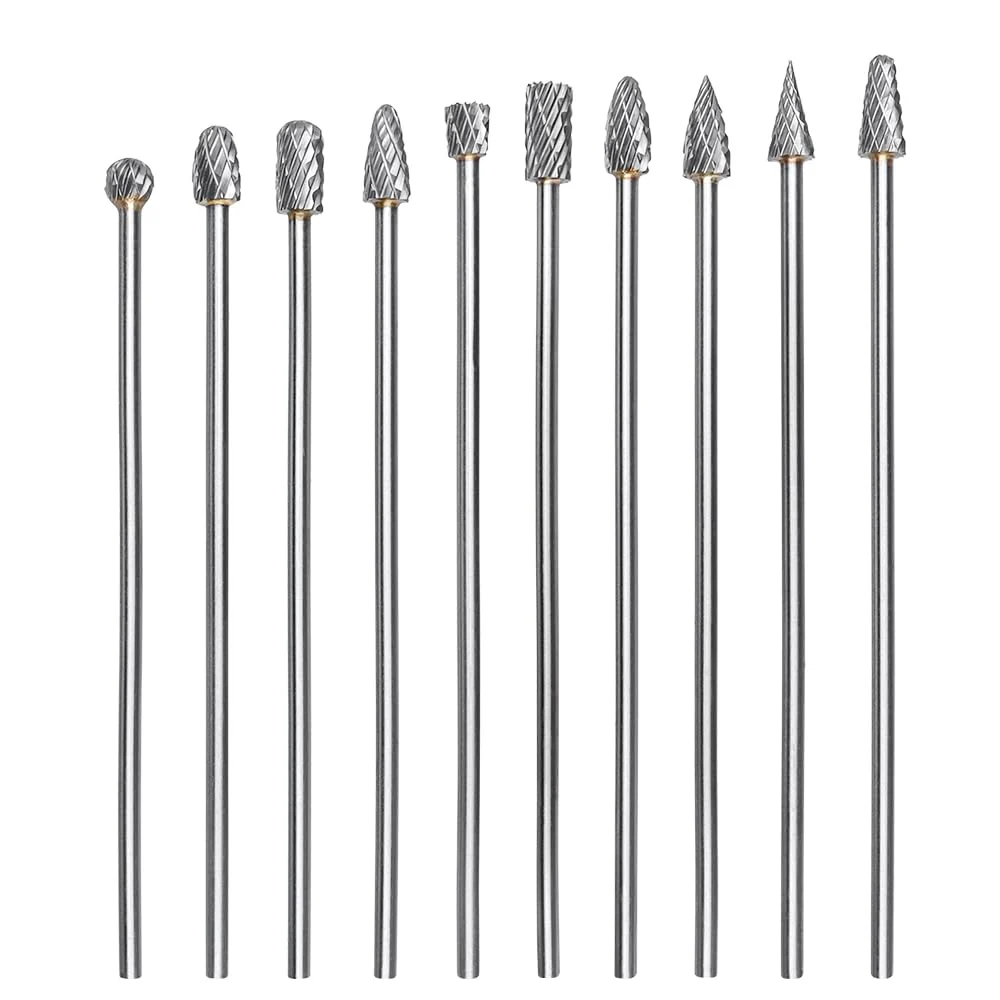 Treki 10 Pieces 100 mm Long Carbide Burrs with 3 mm Shank Tungsten Carbide Milling Cutter Attachment for Cordless Screwdriver, Long Carbide Cutter Metal Cutter Wood Carving Drill Bit Set for
