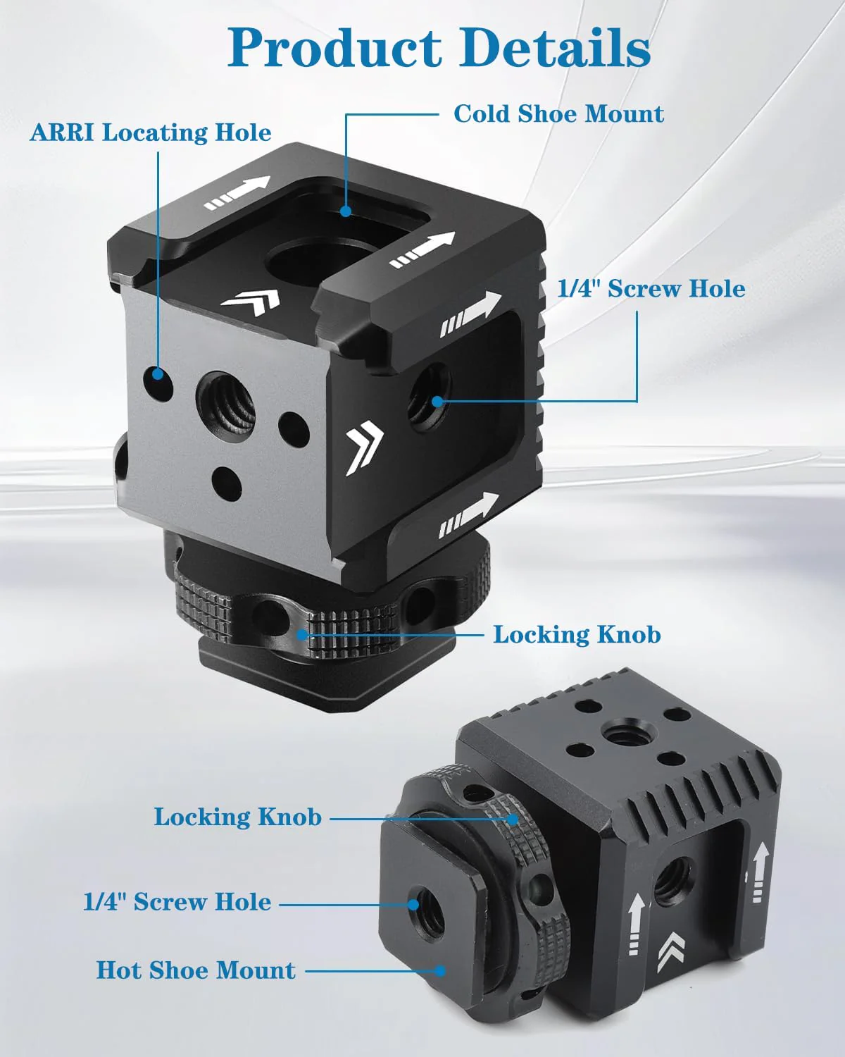 Triple Cold Shoe Mount with 1/4"-20 Thread 3 Port Cold Shoe Mount for Microphone LED Flash Light Monitor - Image 2
