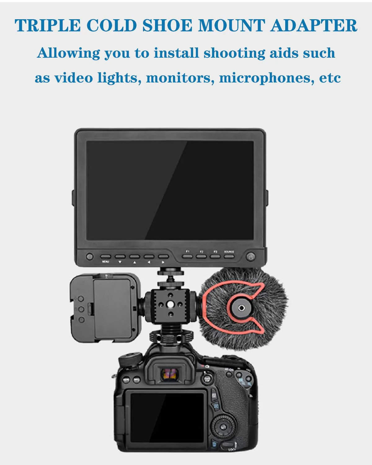 Triple Cold Shoe Mount with 1/4"-20 Thread 3 Port Cold Shoe Mount for Microphone LED Flash Light Monitor - Image 3