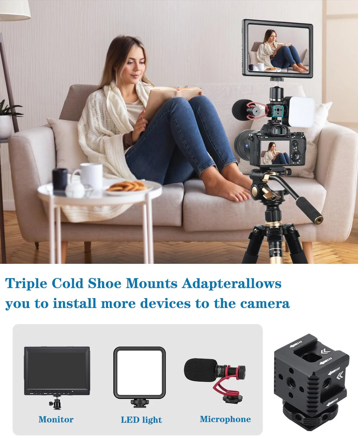 Triple Cold Shoe Mount with 1/4"-20 Thread 3 Port Cold Shoe Mount for Microphone LED Flash Light Monitor - Image 5
