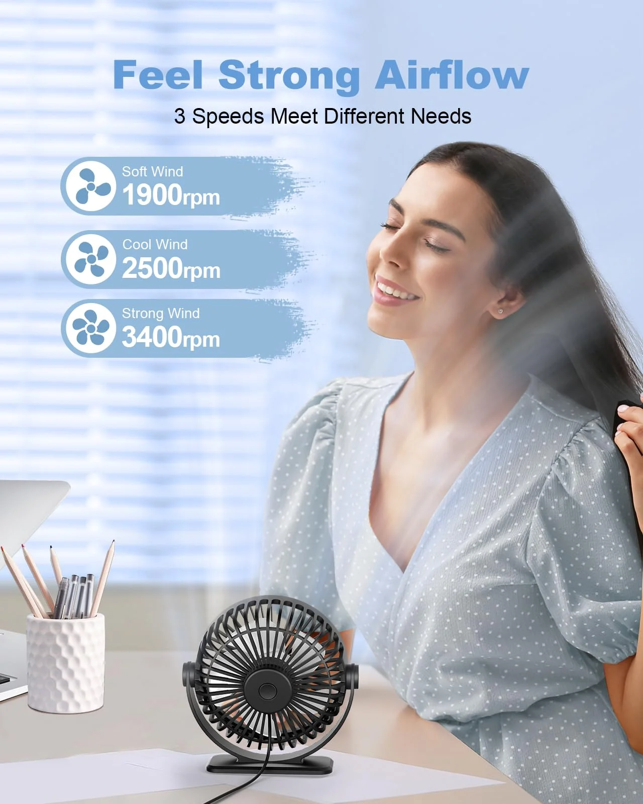 TriPole Desk Fan 2 Pack Black USB Powered Small Portable Fan, 3 Speeds Adjustable Strong Breeze Mini Personal Fan, 360° Rotation Quiet Plug In USB Fan for Desktop Bedroom Office Table Travel, 4.5in Black & Black - Image 3