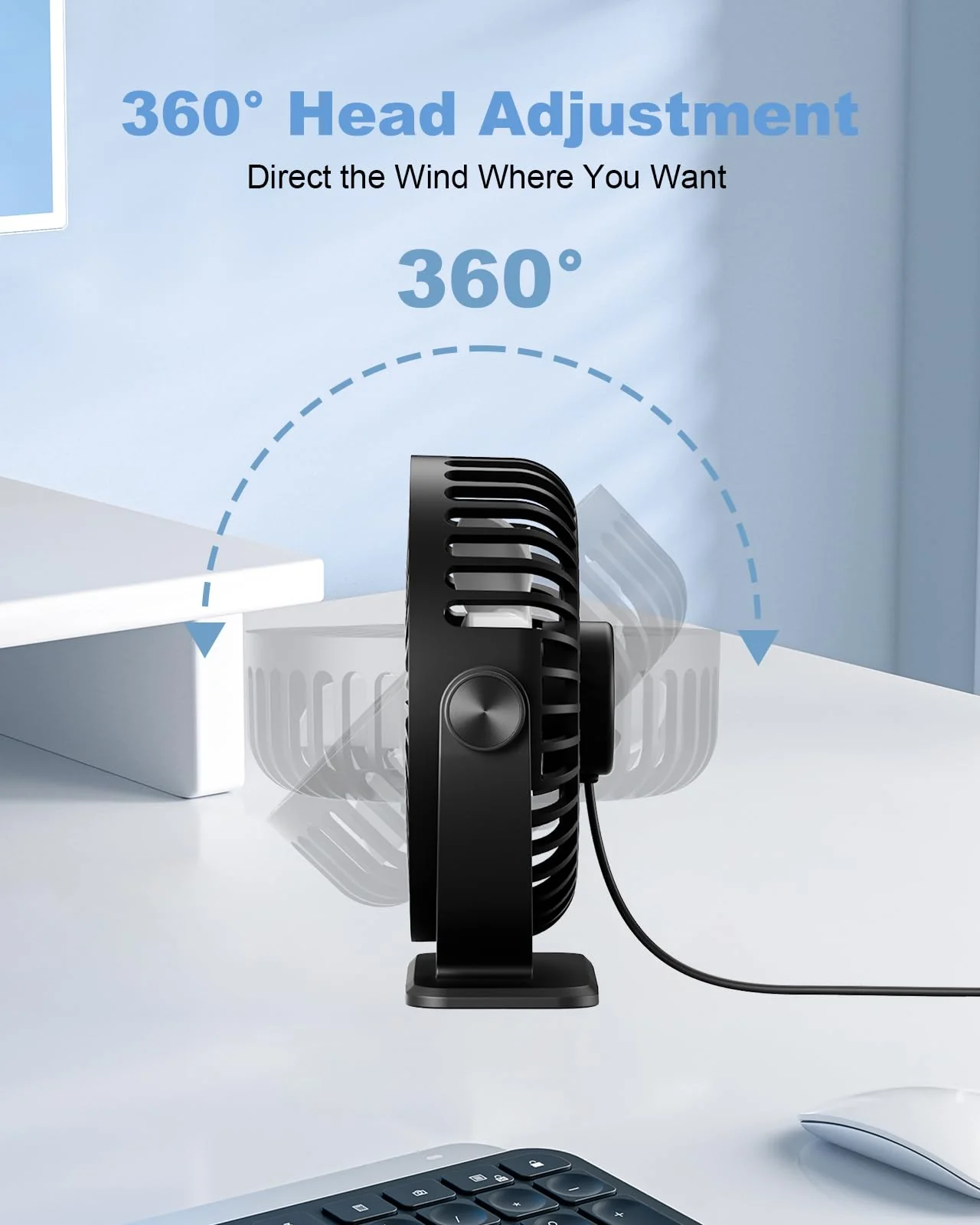 TriPole Desk Fan 2 Pack Black USB Powered Small Portable Fan, 3 Speeds Adjustable Strong Breeze Mini Personal Fan, 360° Rotation Quiet Plug In USB Fan for Desktop Bedroom Office Table Travel, 4.5in Black & Black - Image 6