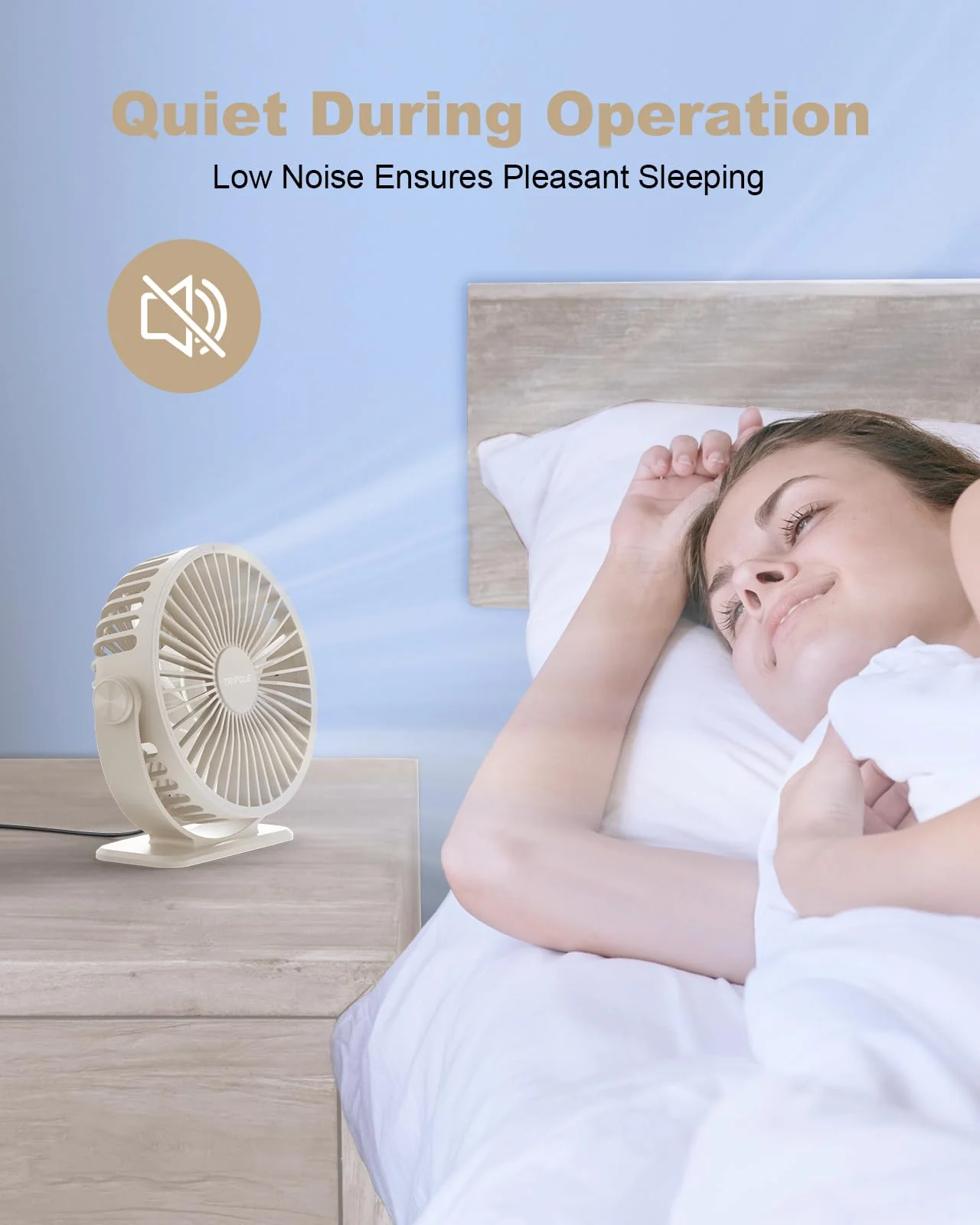 TriPole USB Desk Fan Small Portable Personal Fan, 3 Speeds Adjustable Strong Breeze Mini Electric Fan, 360° Rotation Quiet Plug In USB Fan for Desktop Bedroom Office Table Travel Cruise, Beige, 4.5in - Image 3