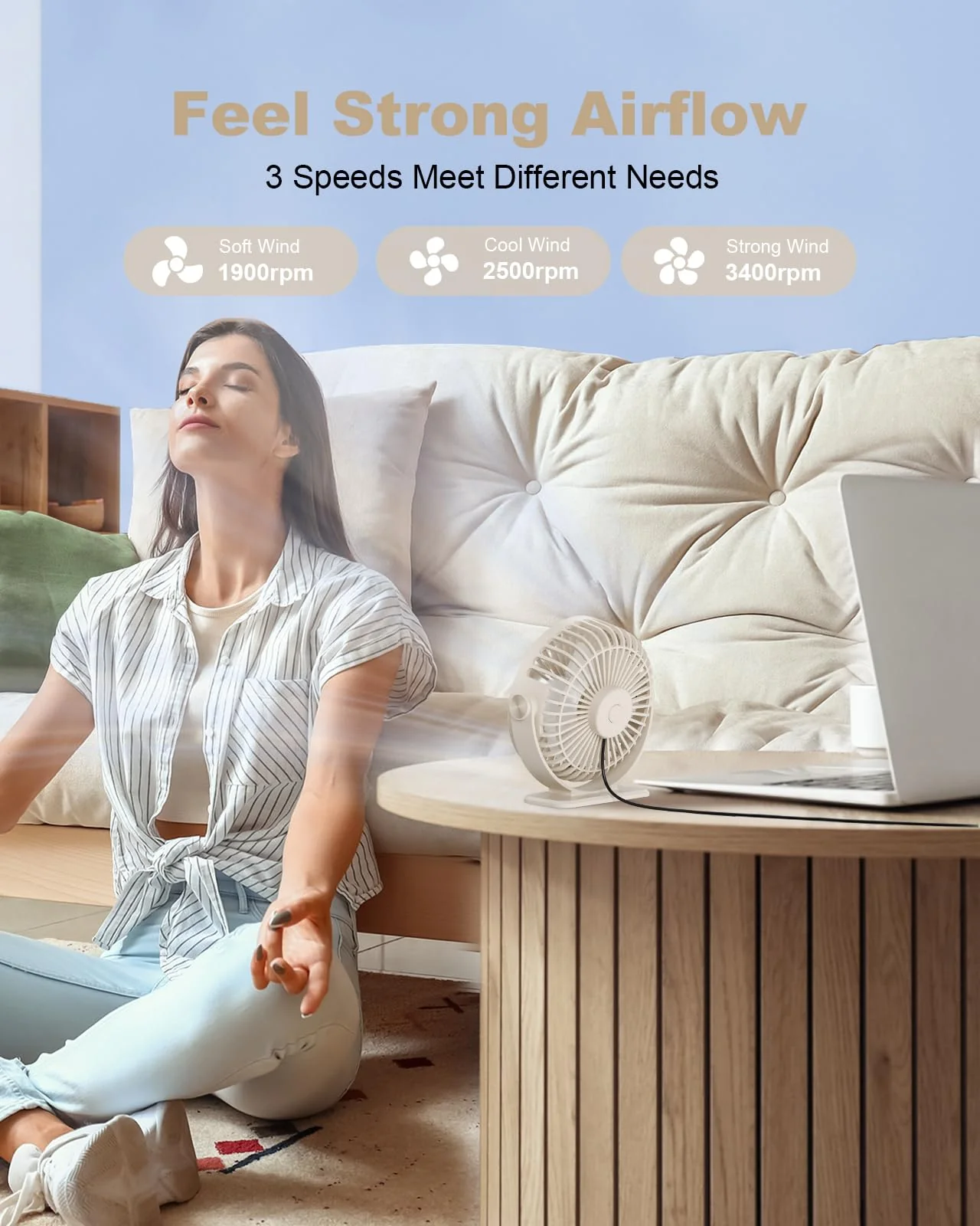TriPole USB Desk Fan Small Portable Personal Fan, 3 Speeds Adjustable Strong Breeze Mini Electric Fan, 360° Rotation Quiet Plug In USB Fan for Desktop Bedroom Office Table Travel Cruise, Beige, 4.5in - Image 4