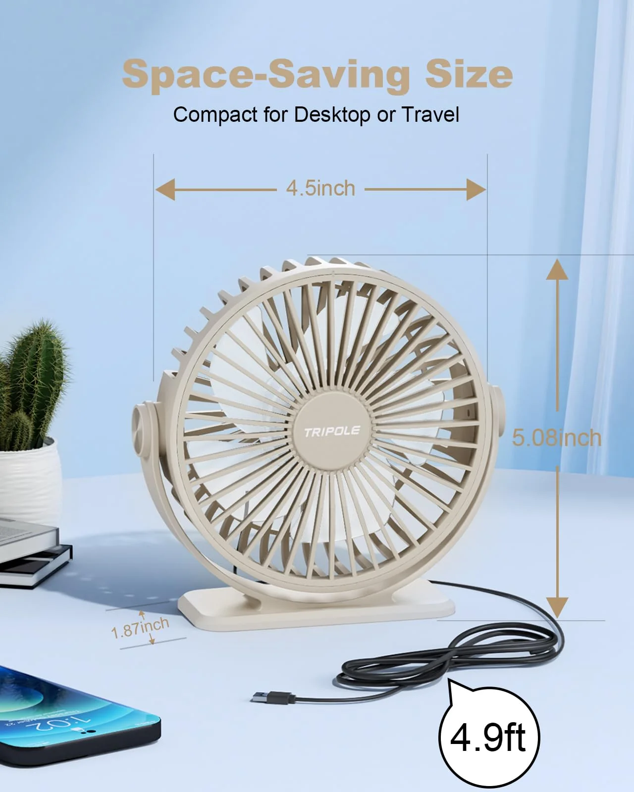TriPole USB Desk Fan Small Portable Personal Fan, 3 Speeds Adjustable Strong Breeze Mini Electric Fan, 360° Rotation Quiet Plug In USB Fan for Desktop Bedroom Office Table Travel Cruise, Beige, 4.5in - Image 5