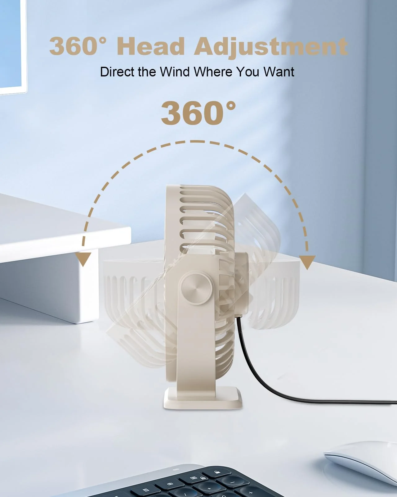 TriPole USB Desk Fan Small Portable Personal Fan, 3 Speeds Adjustable Strong Breeze Mini Electric Fan, 360° Rotation Quiet Plug In USB Fan for Desktop Bedroom Office Table Travel Cruise, Beige, 4.5in - Image 7